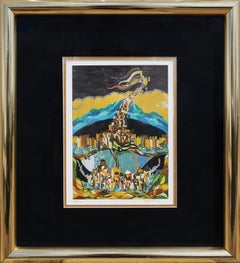 "The Tower of Babel" Yellow, Blue, and Green Geometric Abstract Lithograph