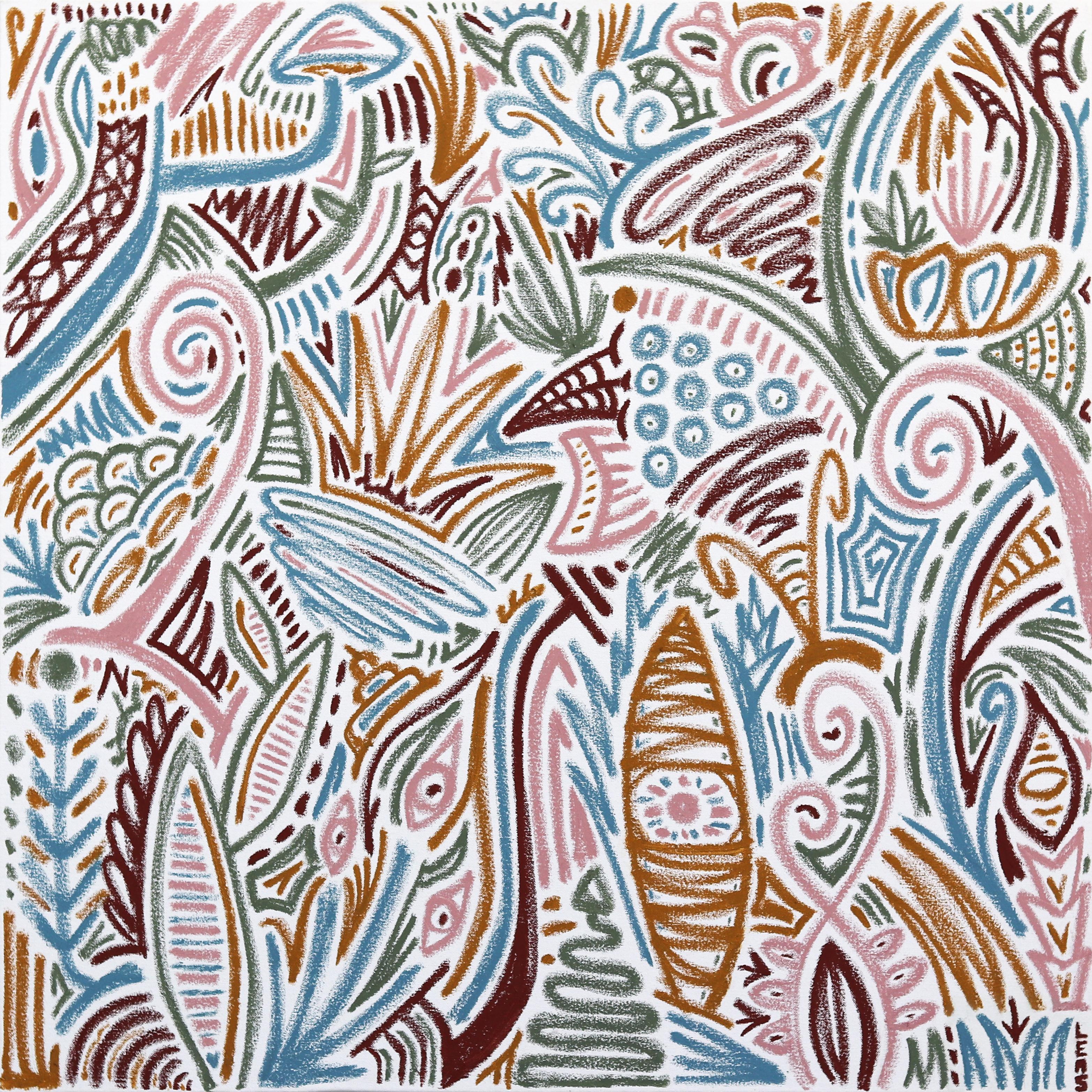 Ilan Leas Abstract Painting – Sonnenuntergang Spezial - Dynamische lineare Designkomposition Aborigine inspirierte Malerei