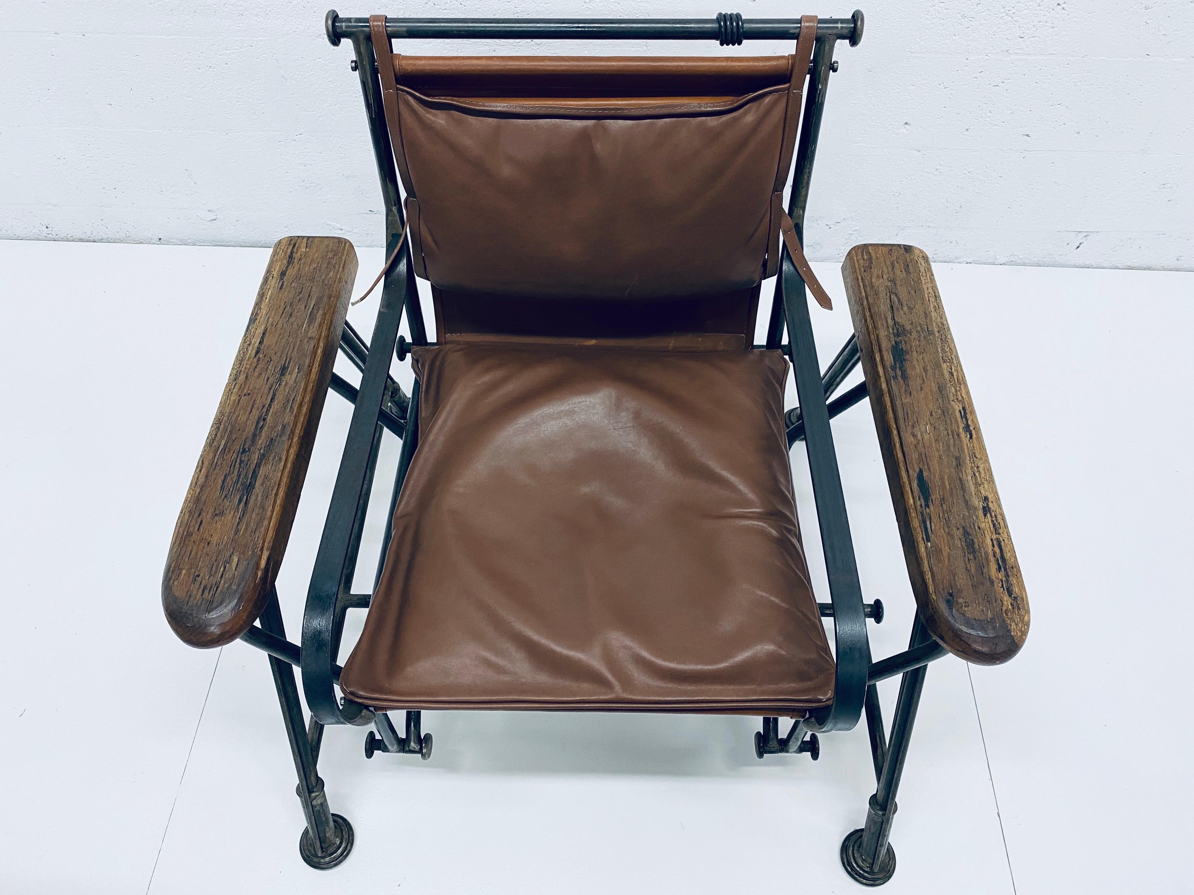 Israeli Ilana Goor Brown Leather and Iron Glide Lounge Chair, 1970s