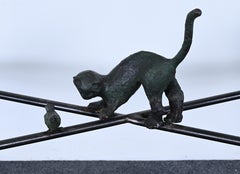 Ilana Goor Brutalist Console Table with Bronze Cat and Bird, Signed, 1980s