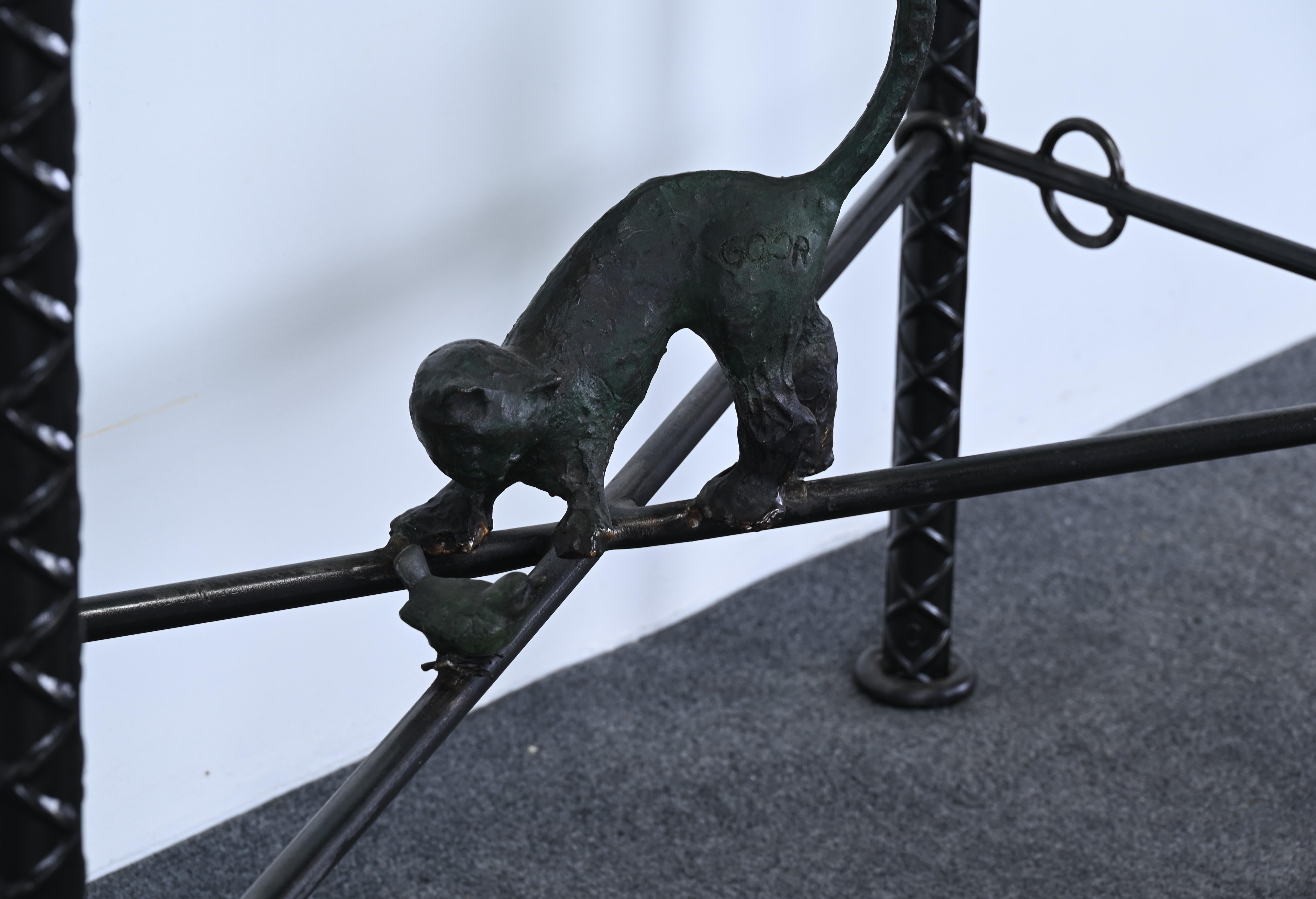 Baroque Ilana Goor Brutalist Console Table with Bronze Cat and Bird, Signed, 1980s For Sale