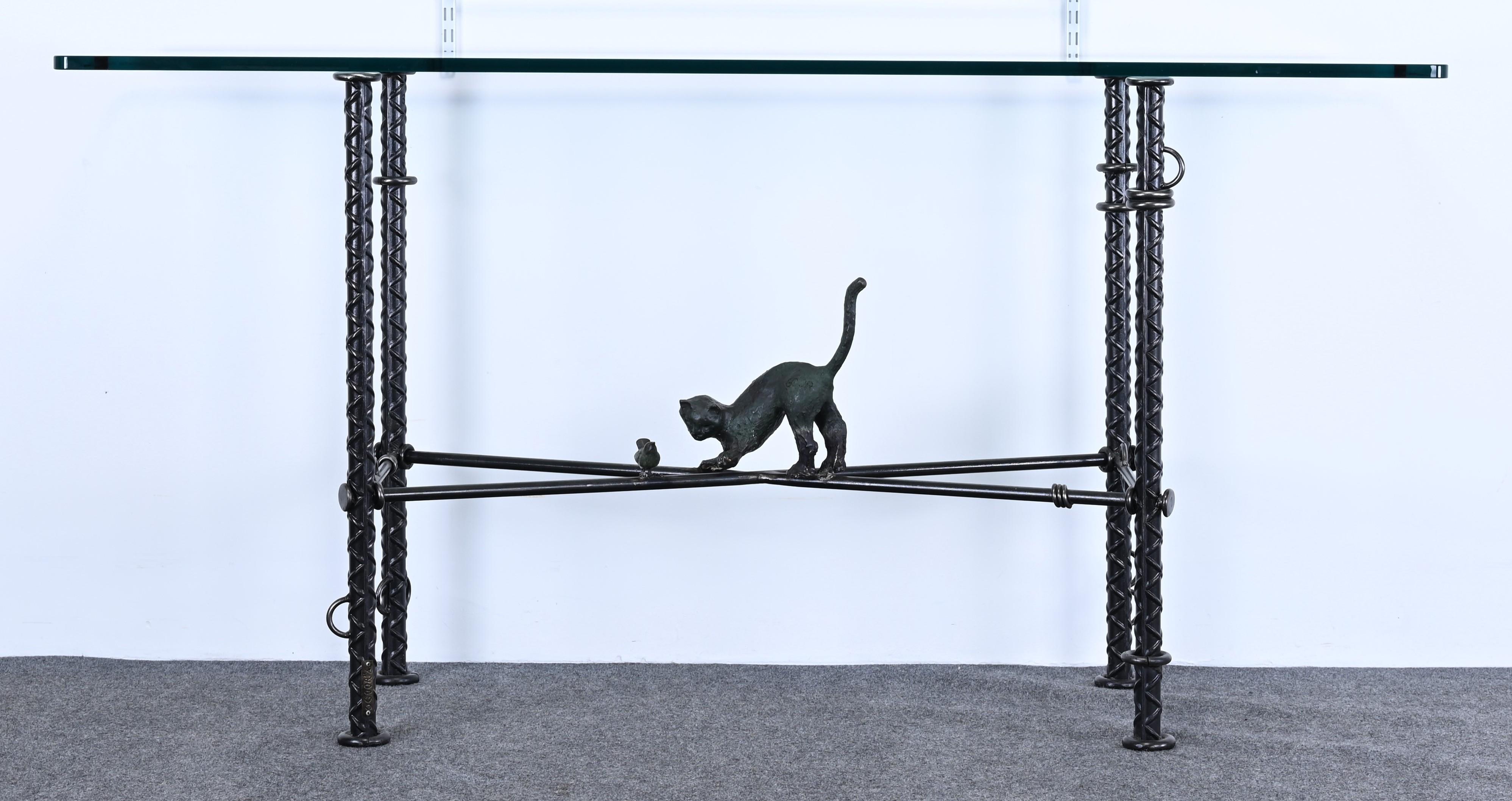 Late 20th Century Ilana Goor Brutalist Console Table with Bronze Cat and Bird, Signed, 1980s For Sale