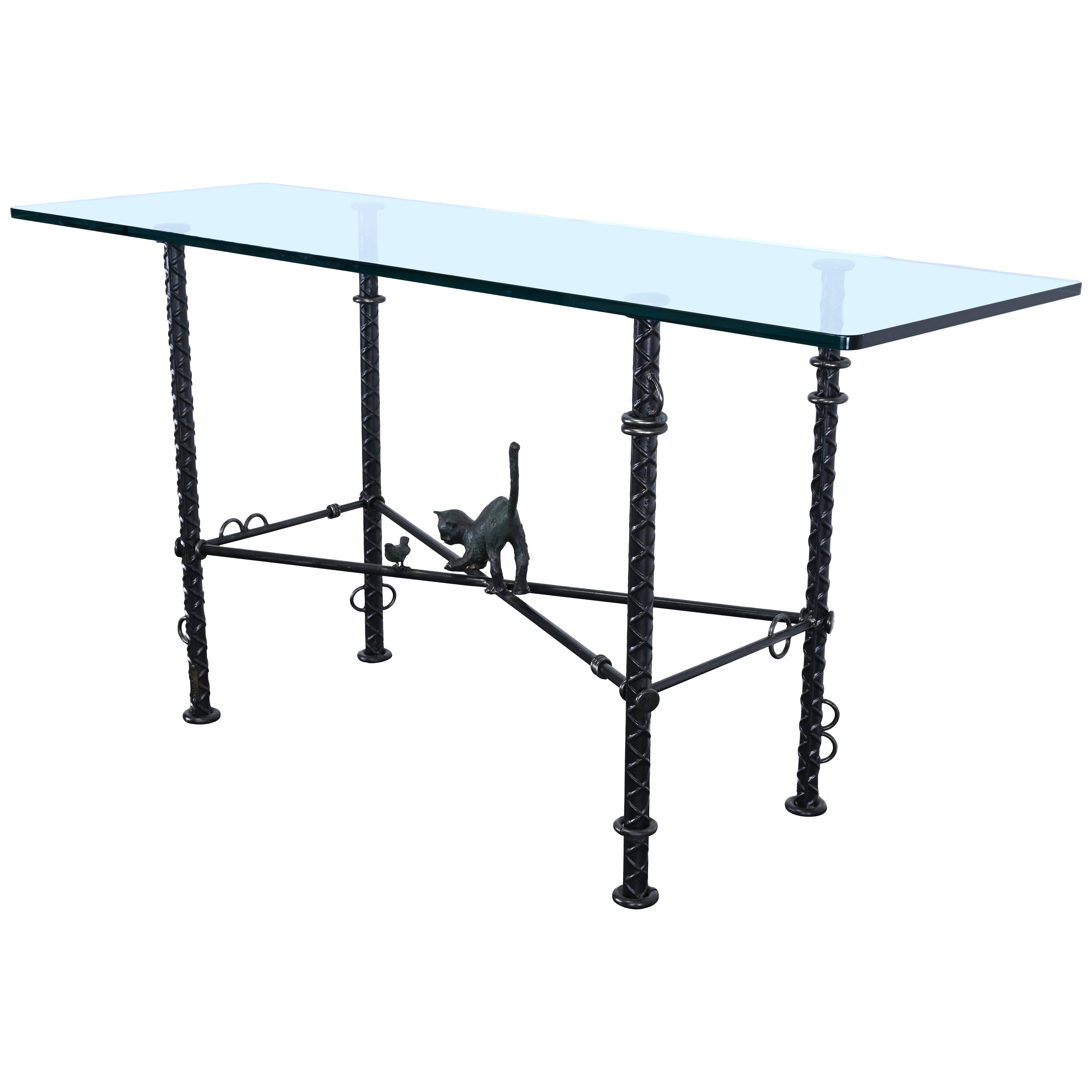 Ilana Goor Brutalist Console Table with Bronze Cat and Bird, Signed, 1980s For Sale