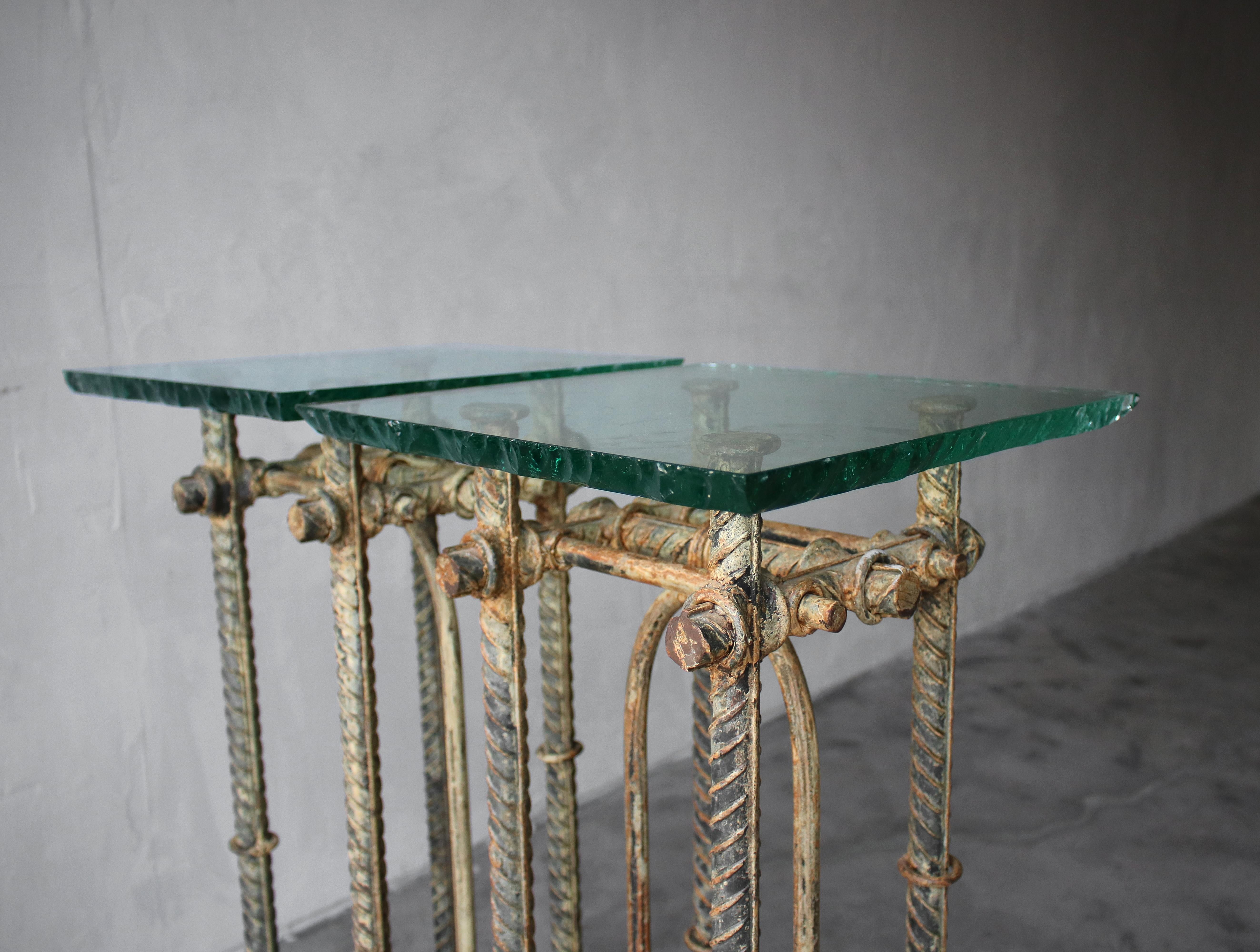 20th Century Ilana Goor Handwrought Metal and Glass Pedestal Tables