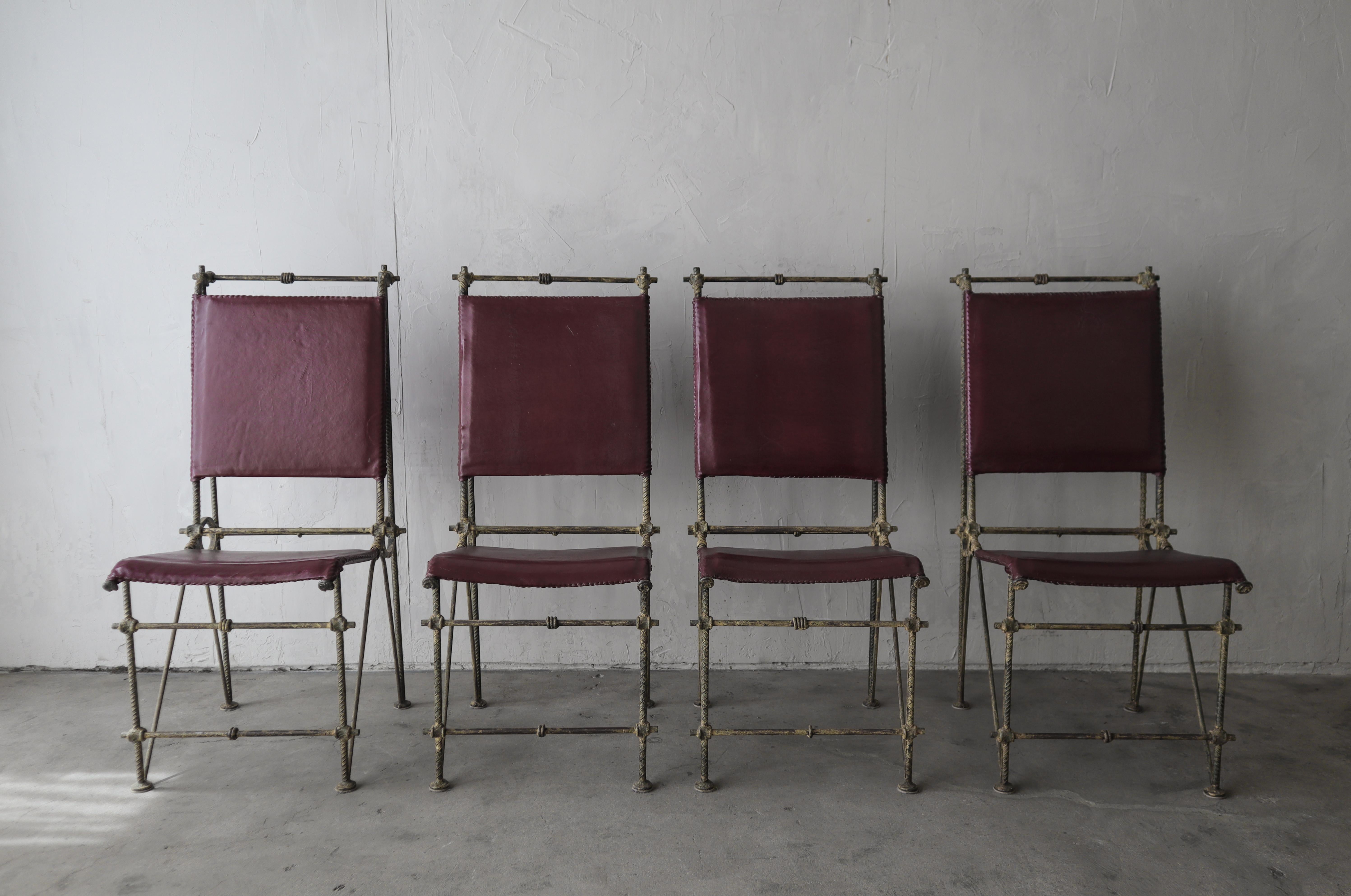 Substantial set of 4 iron and leather dining chairs by Ilana Goor. This set is substantial, and unique. 

Israeli artist Ilana Goor works with crude, strong and rough materials such as iron and bronze which seem to miraculously melt in her grasp,