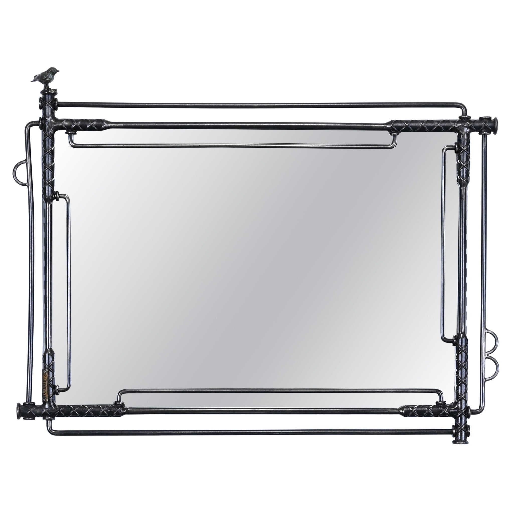 Ilana Goor Monumental Brutalist Mirror with Bronze Bird, Signed For Sale