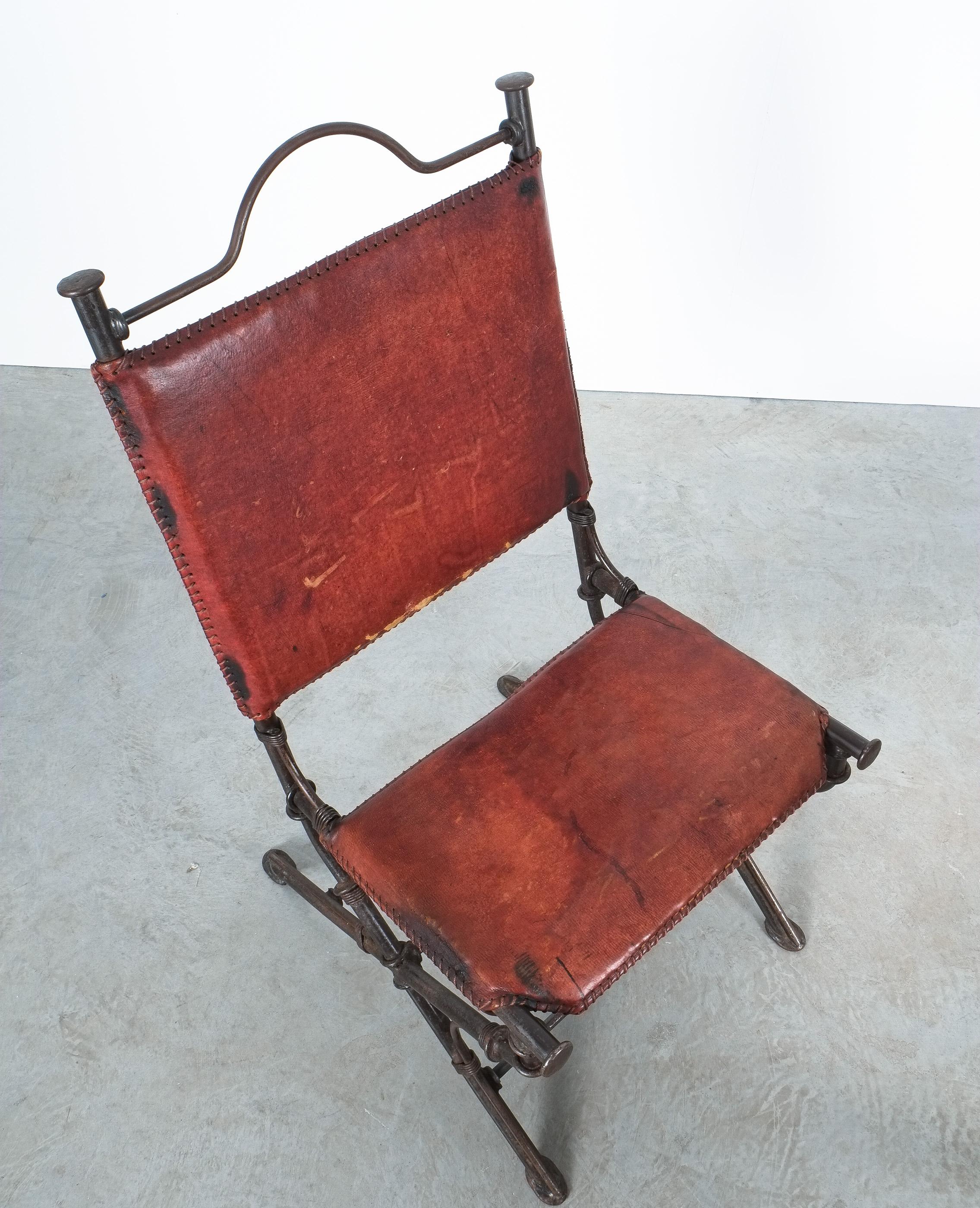 Ilana Goor Style Wrought Iron Leather Garden Chair Mid-Century For Sale 2