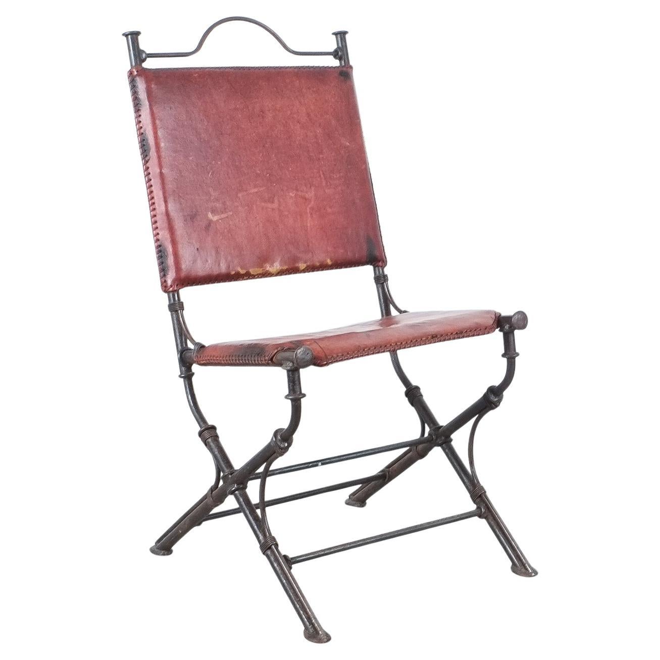 Ilana Goor Style Wrought Iron Leather Garden Chair Mid-Century For Sale