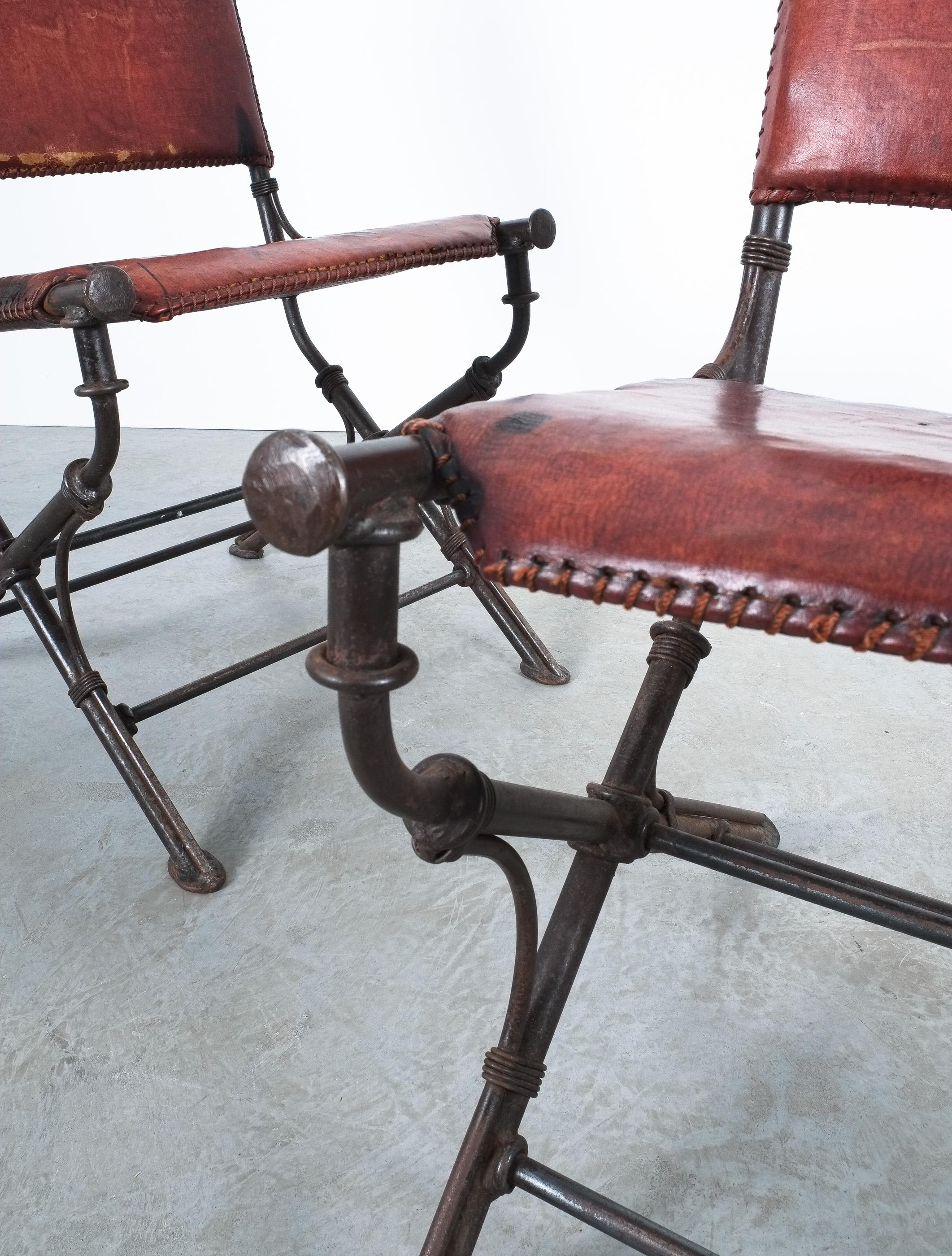 Mid-20th Century Ilana Goor Style Wrought Iron Leather Garden Chairs For Sale