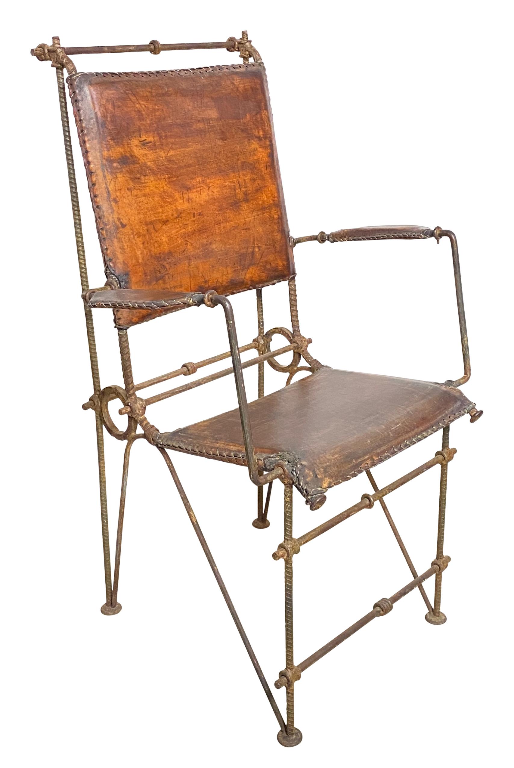 Wonderful iron and leather armchair by the talented Israeli designer Ilana Goor. This chair features distressed leather with a wrought iron rebar structure. 
In very good original condition.

Ilana Goor was born in Isreal in 1936. She attended the