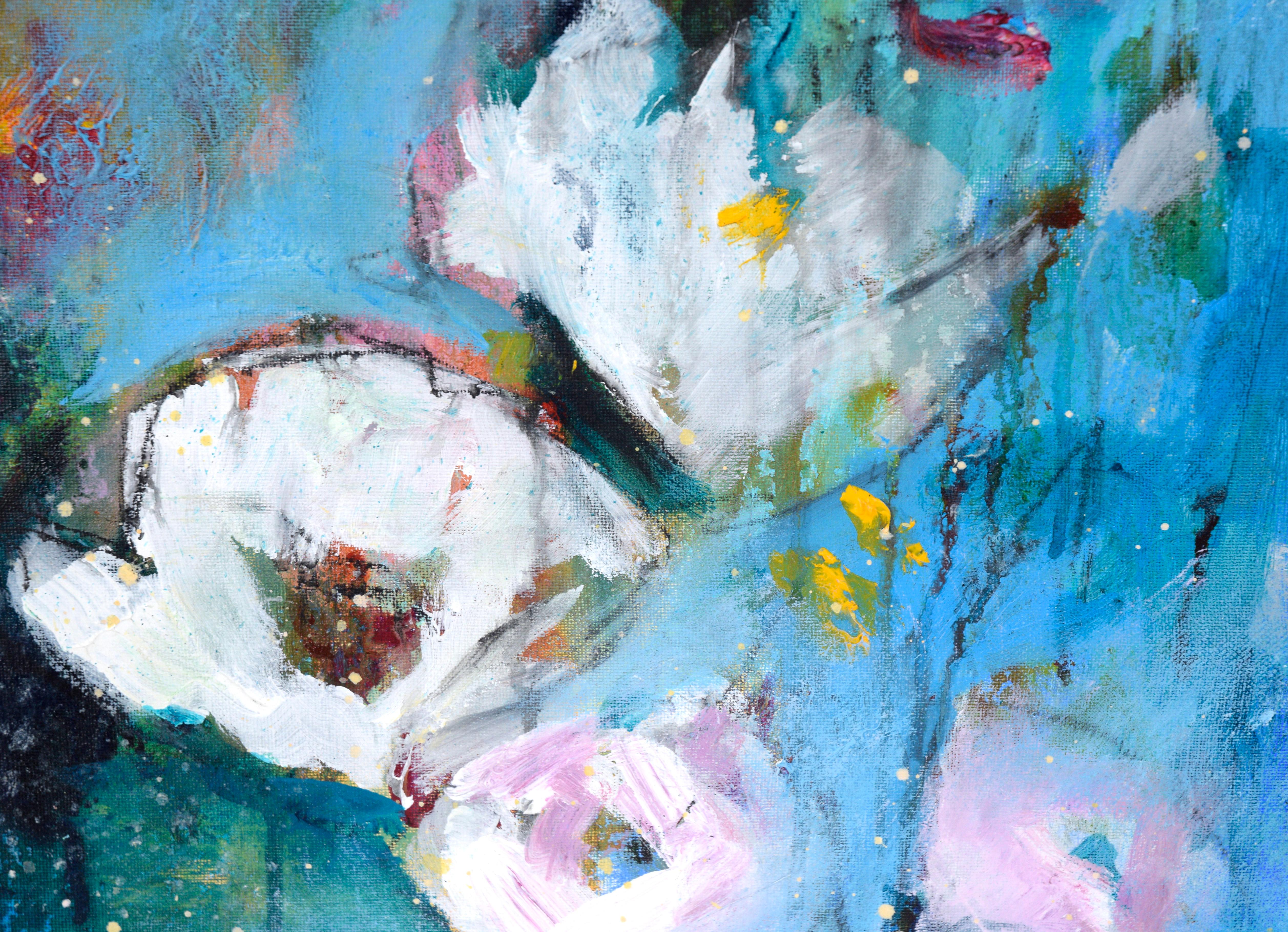Abstraktes expressionistisches Stillleben mit weißen Blumen im Angebot 1