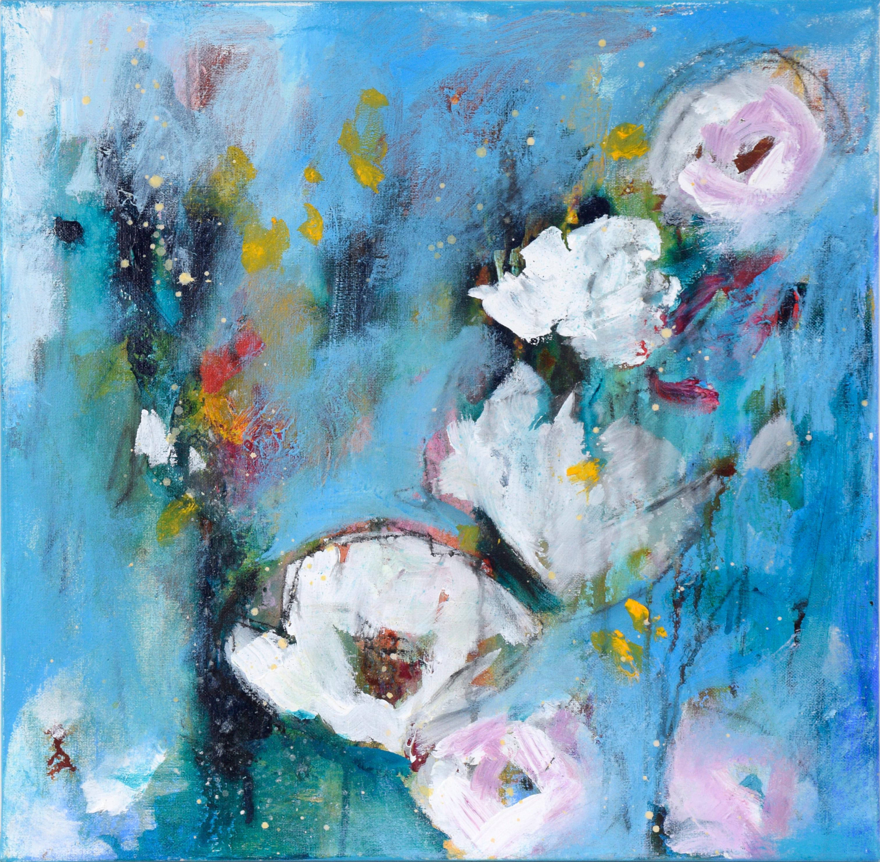 Ilana Ingber Abstract Painting – Abstraktes expressionistisches Stillleben mit weißen Blumen