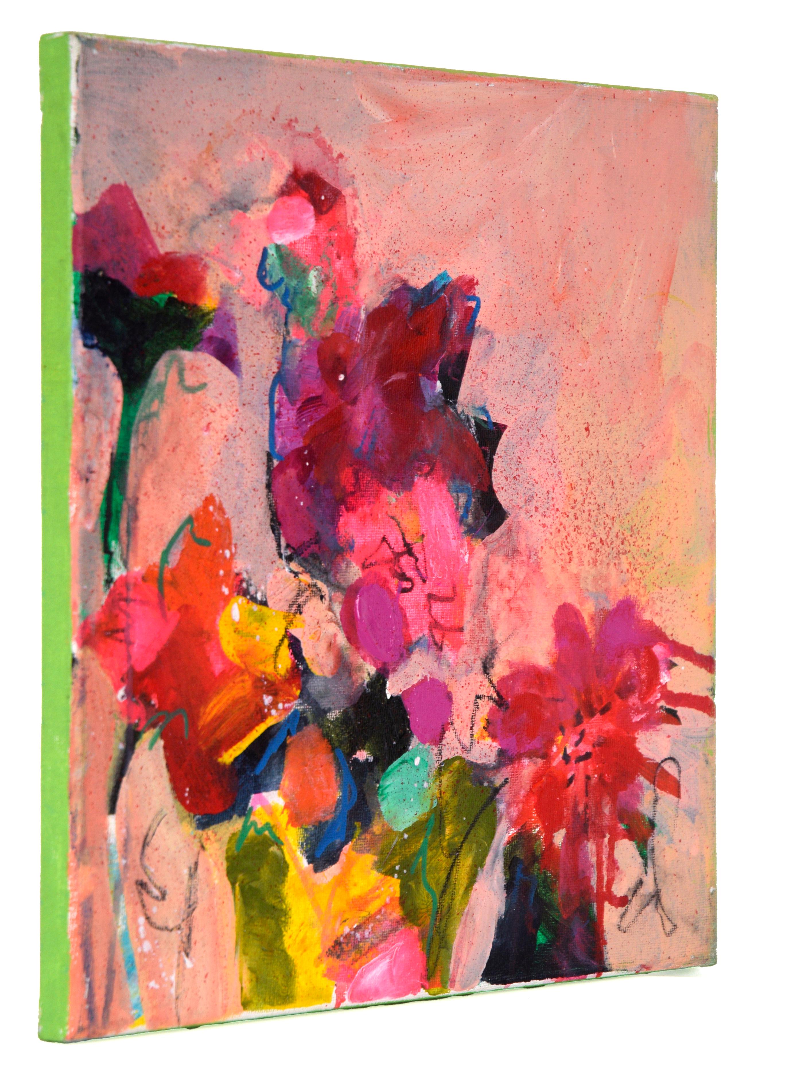Natura morta floreale astratta in acrilico su tela

Vibrante natura morta di un bouquet di Ilana Ingber (americana, nata nel 1984). Diversi fiori rosa e rossi sono raffigurati su uno sfondo rosa pallido e giallo. I fiori sono posti in un vaso