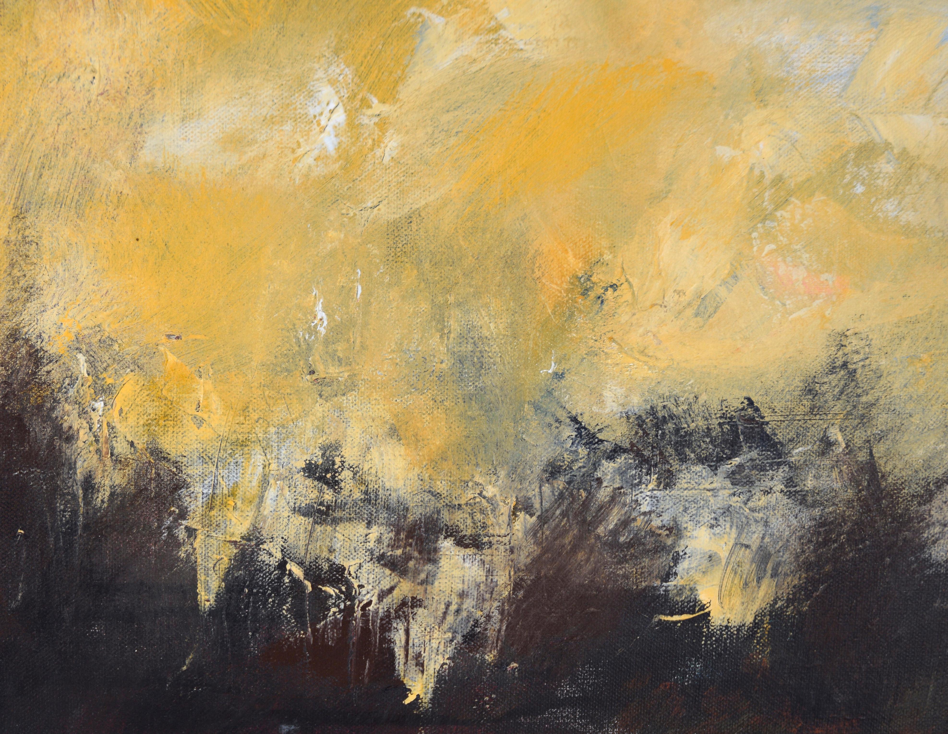 Paesaggio astratto in acrilico su tela dipinta

Paesaggio vibrante di Ilana Ingber (americana, nata nel 1984). Un campo dorato si estende verso l'orizzonte, dove Silhouette di alberi tagliano il cielo blu. Questo pezzo è stratificato in modo che i