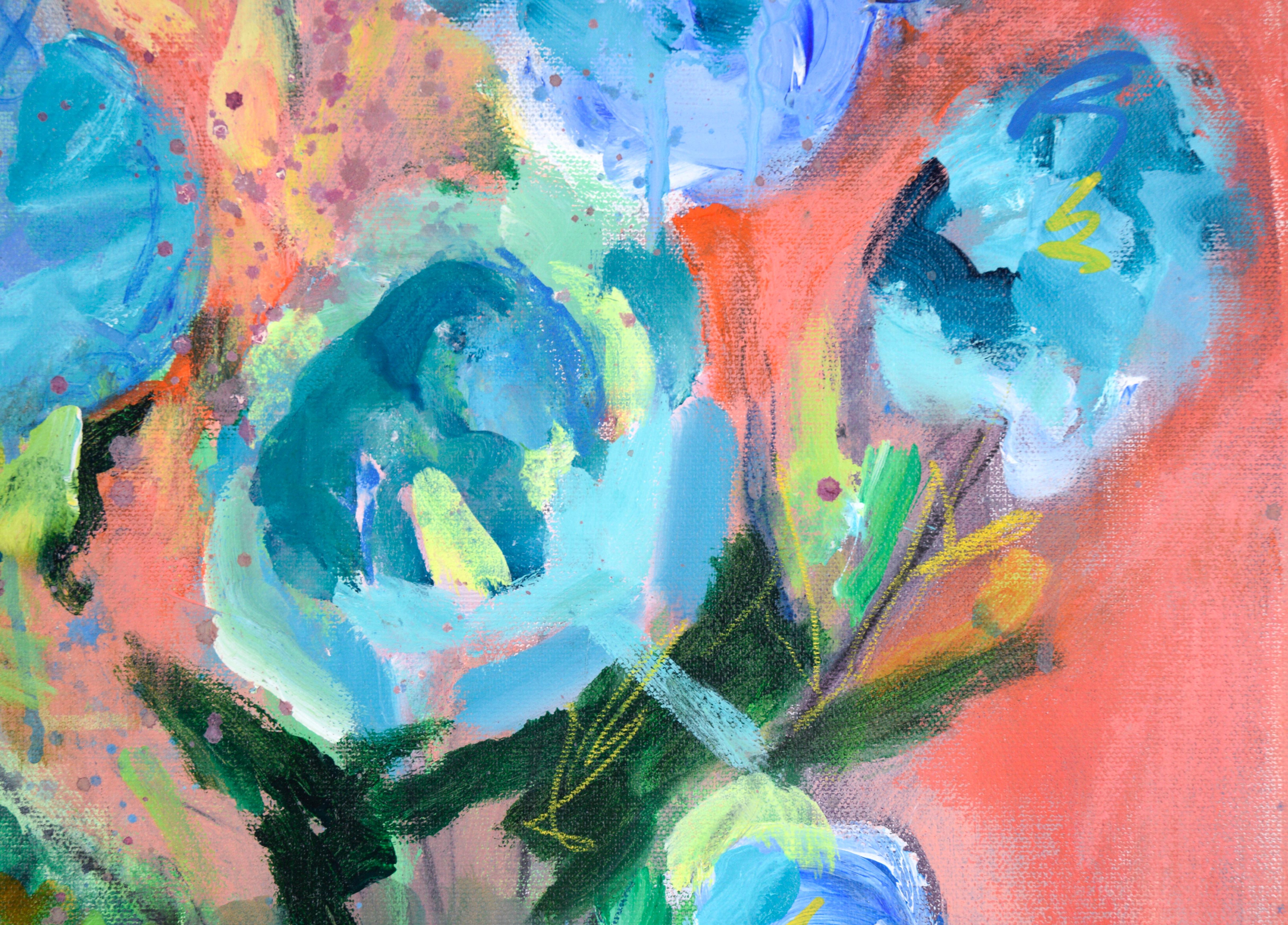 Stillleben mit blauen und rosa Blumen im Angebot 2