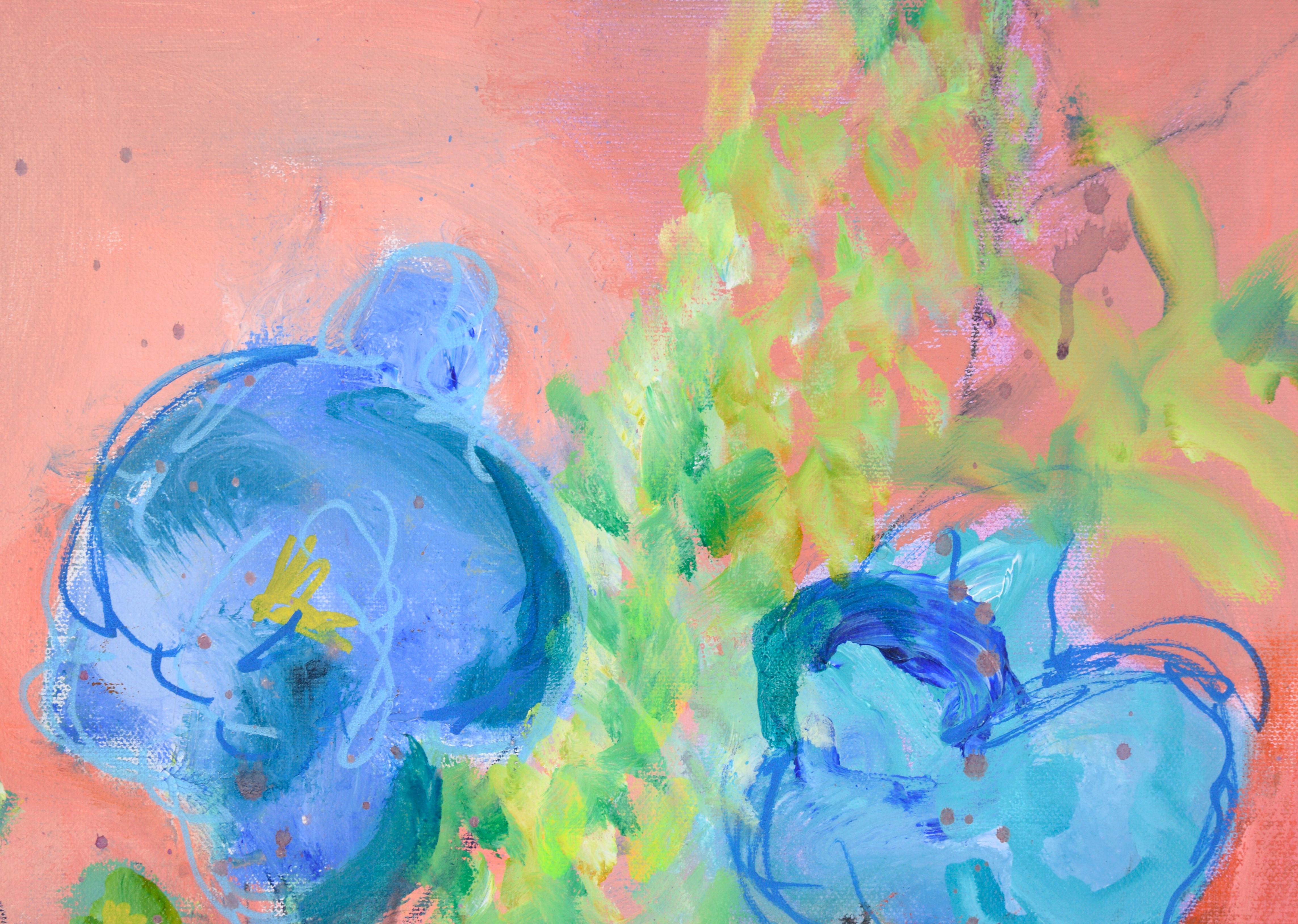Natura morta floreale blu e rosa in acrilico su tela - Painting di Ilana Ingber