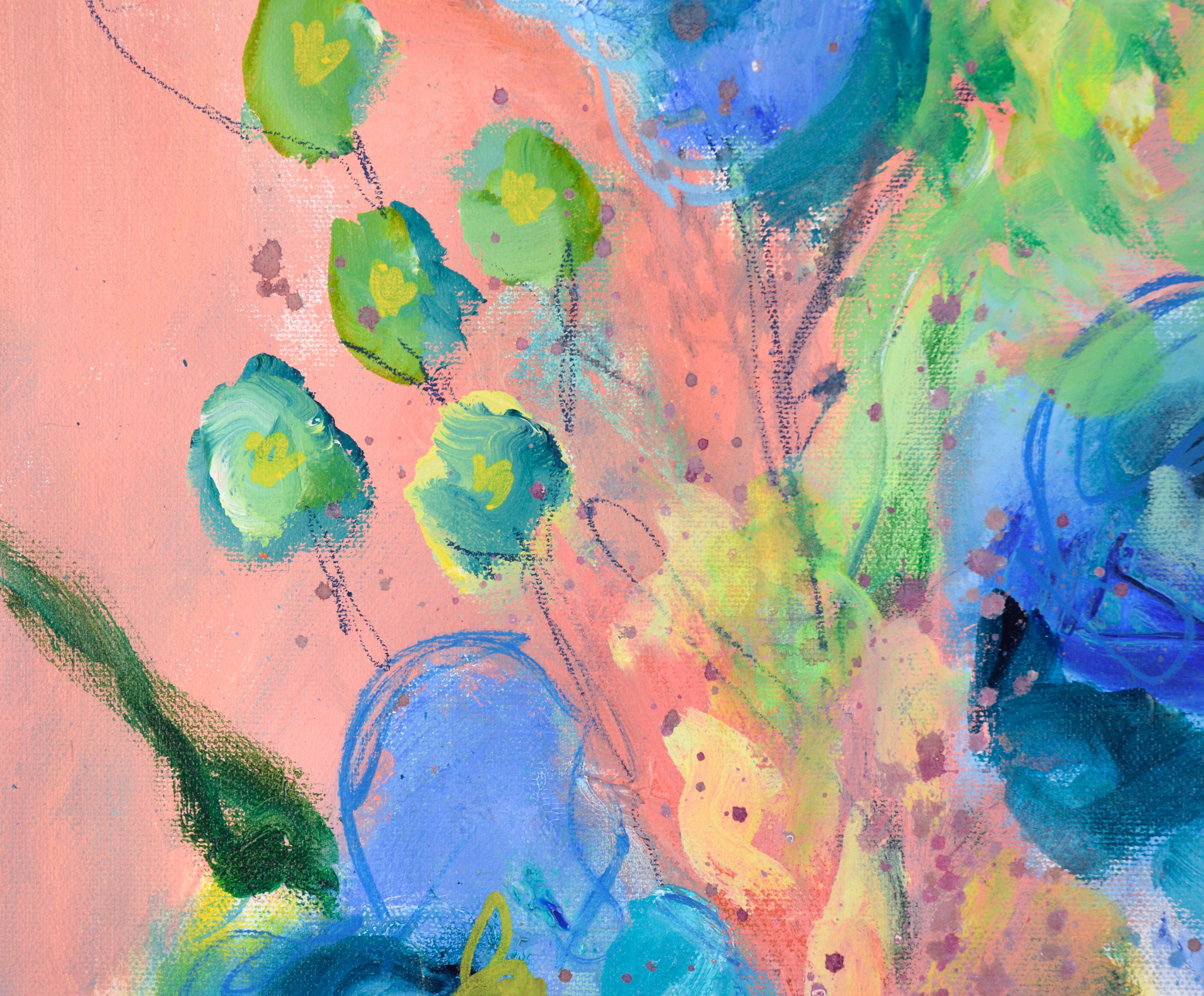 Natura morta floreale blu e rosa in acrilico su tela - Abstract Painting Marrone di Ilana Ingber