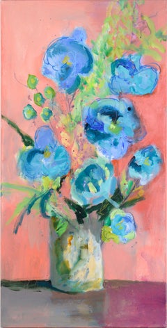 Naturaleza muerta floral azul y rosa en acrílico sobre lienzo