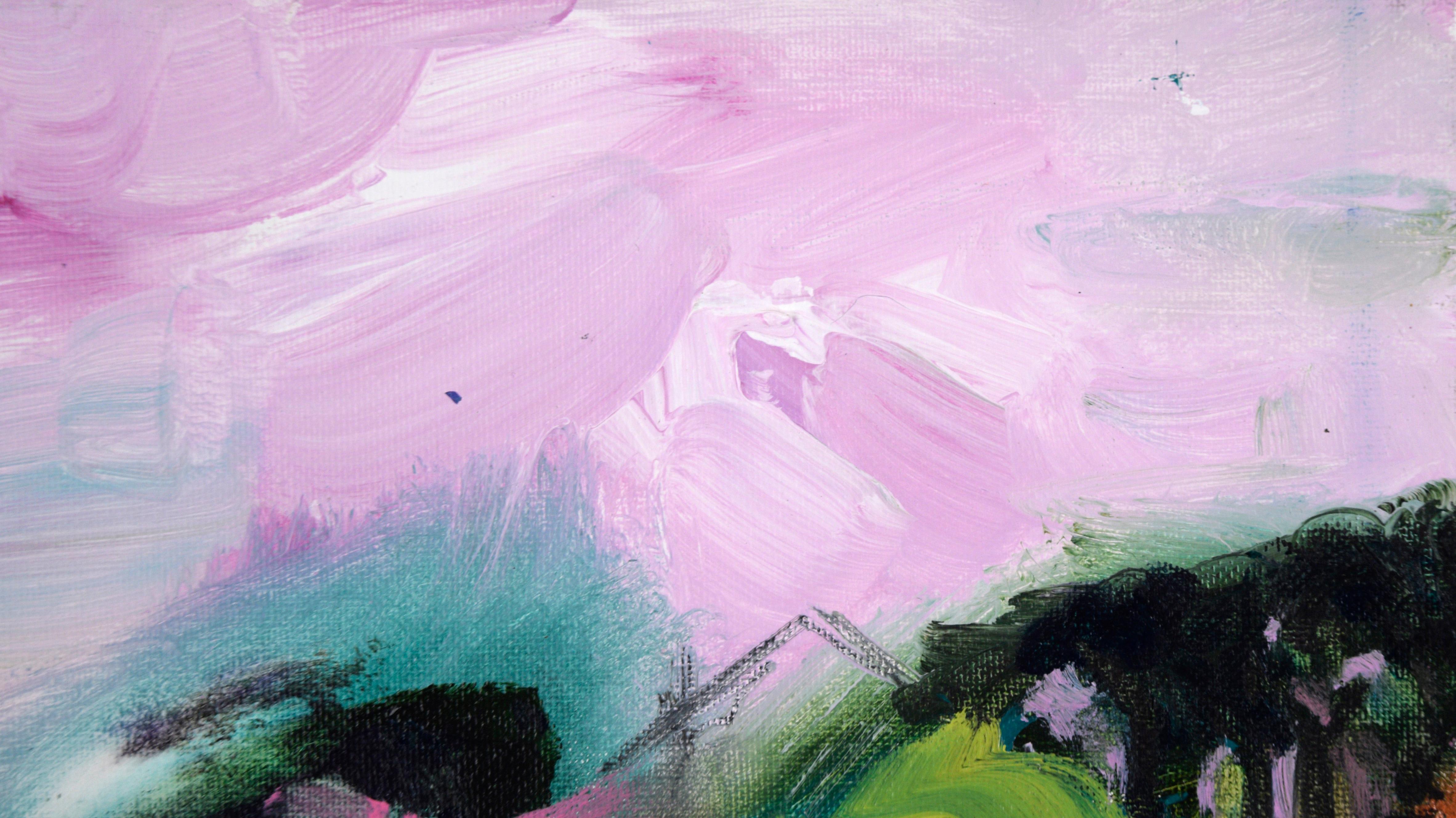 Pink Sky and Magenta Field - Abstracted Landscape in Acrylic on Canvas - Abstract Impressionist Painting by Ilana Ingber