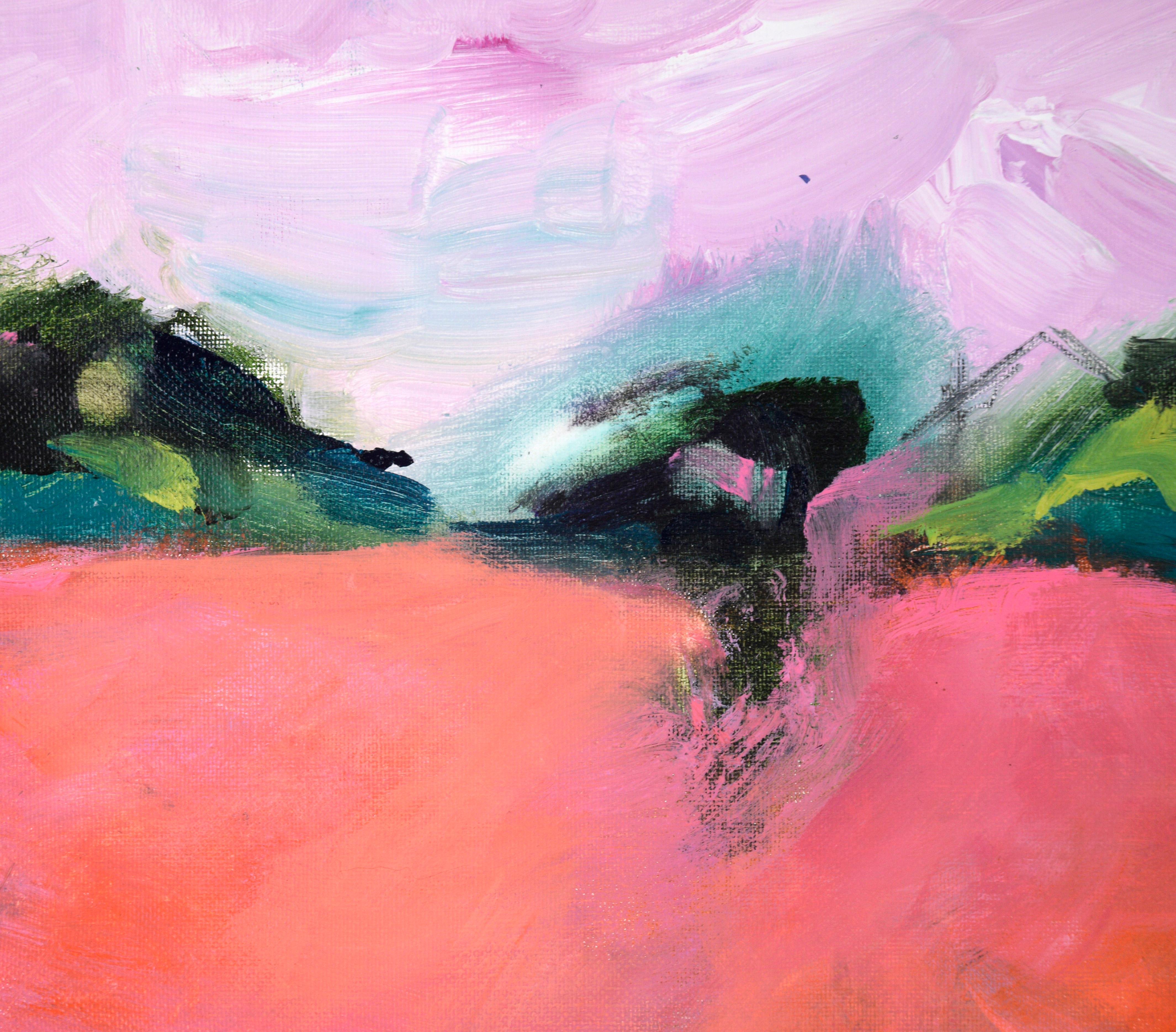 Pink Sky and Magenta Field - Abstracted Landscape in Acrylic on Canvas

Vibrant landscape by Ilana Ingber (American, b. 1984). A bright magenta field unfolds towards the horizon, where dark trees contrast against the sky. The sky is pink and white,