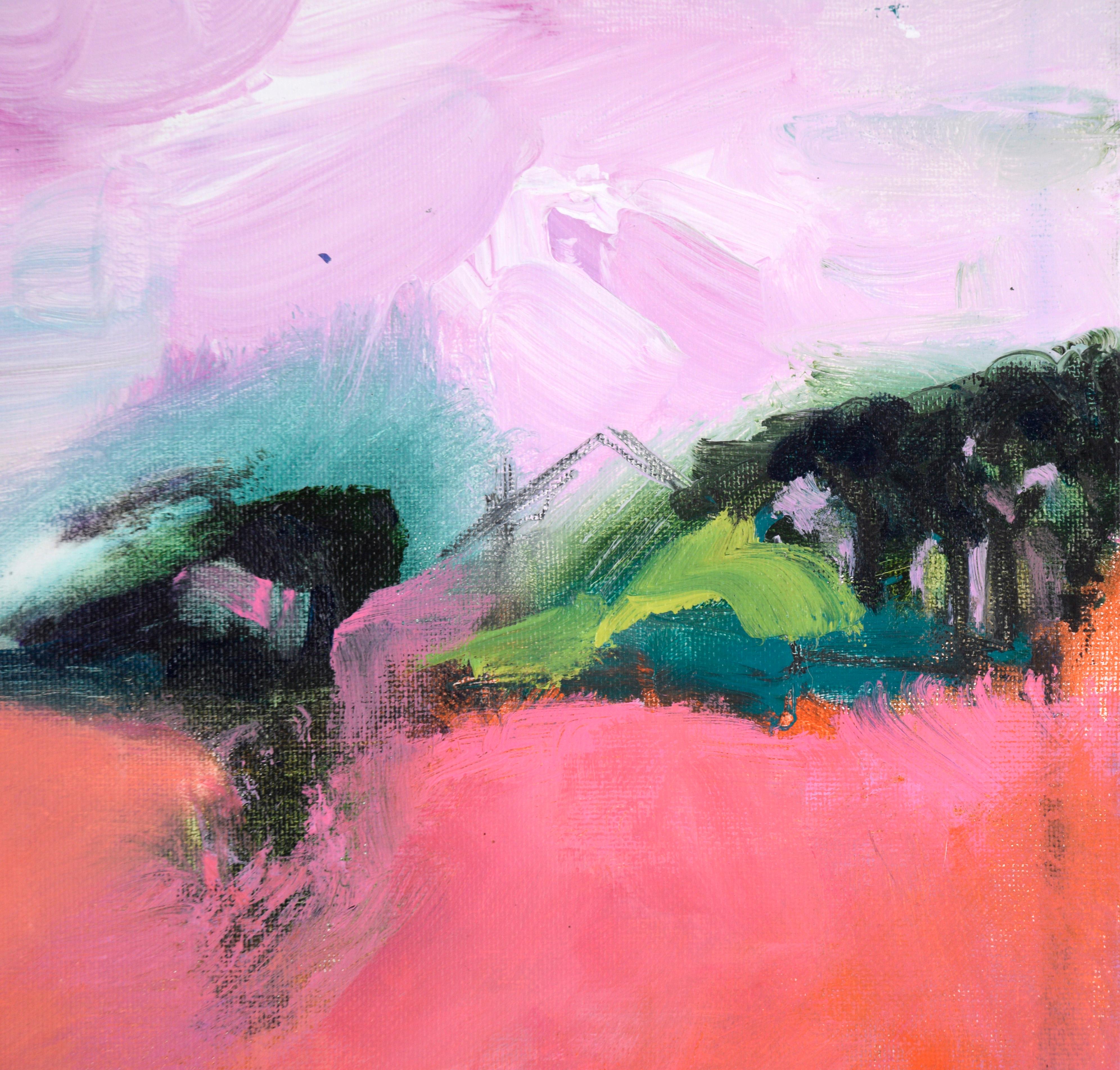 Cielo rosa e campo magenta - Paesaggio astratto in acrilico su tela

Paesaggio vibrante di Ilana Ingber (americana, nata nel 1984). Un campo luminoso color magenta si dispiega verso l'orizzonte, dove gli alberi scuri contrastano con il cielo. Il