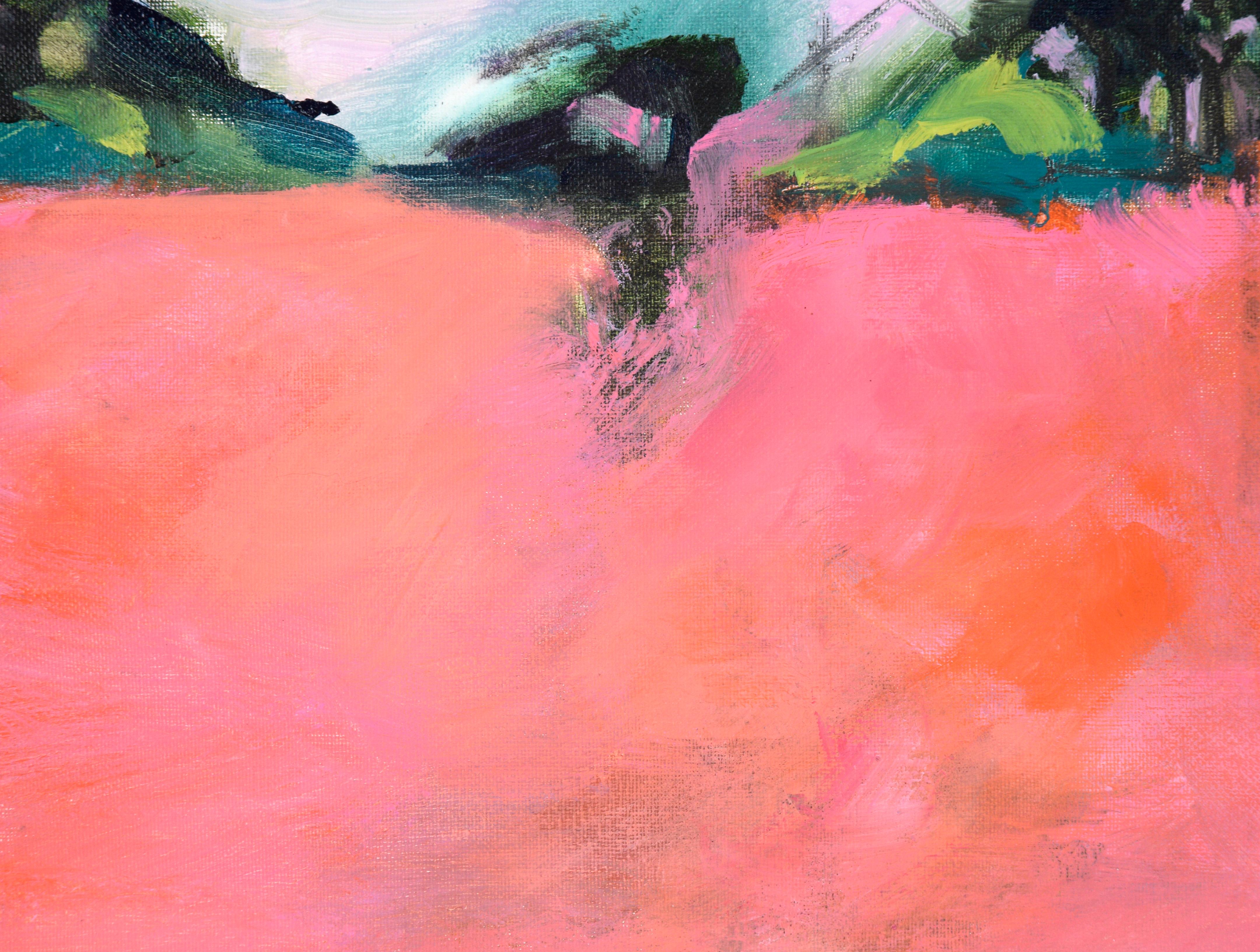 Cielo rosa e campo magenta - Paesaggio astratto in acrilico su tela in vendita 1
