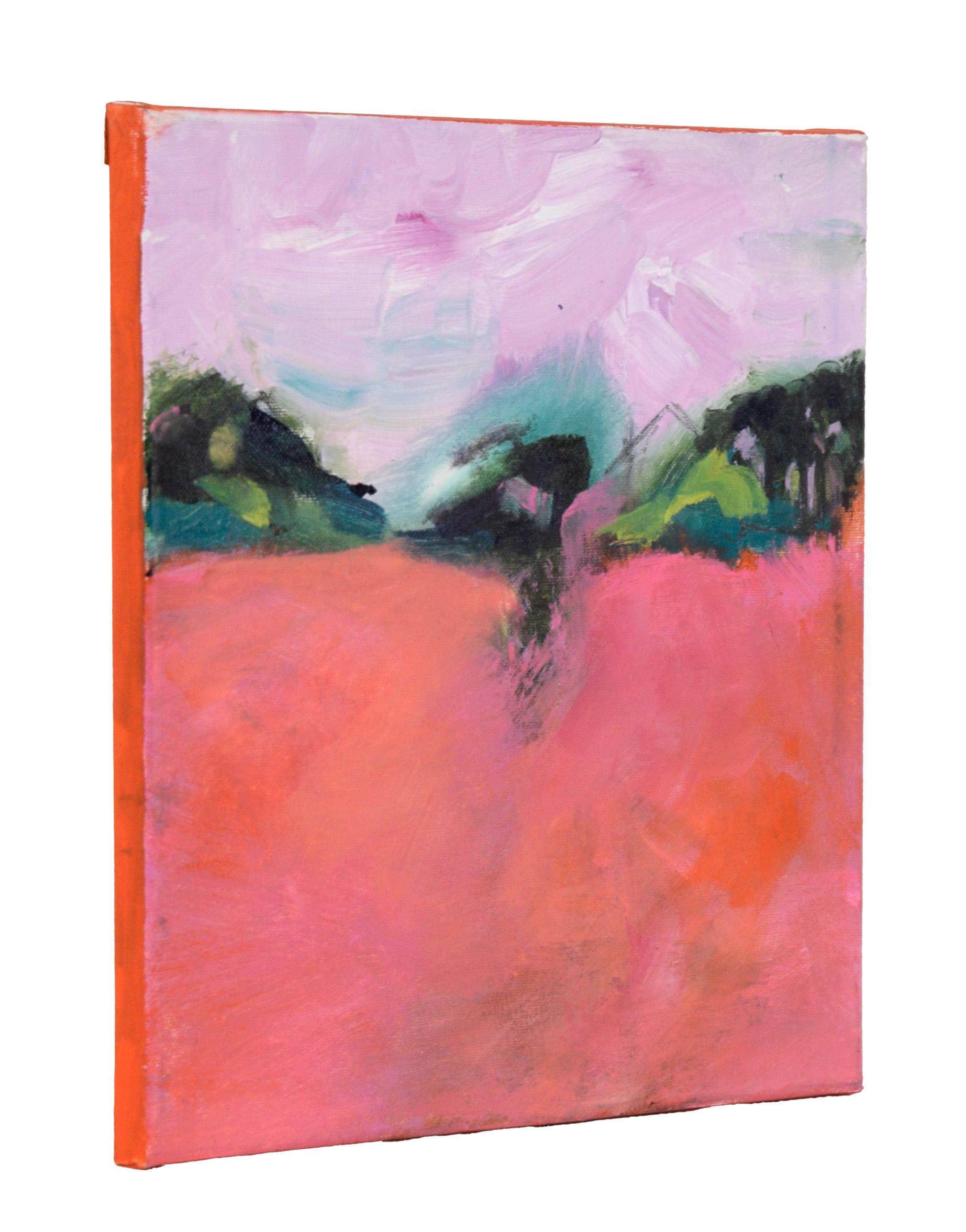 Cielo rosa e campo magenta - Paesaggio astratto in acrilico su tela in vendita 2