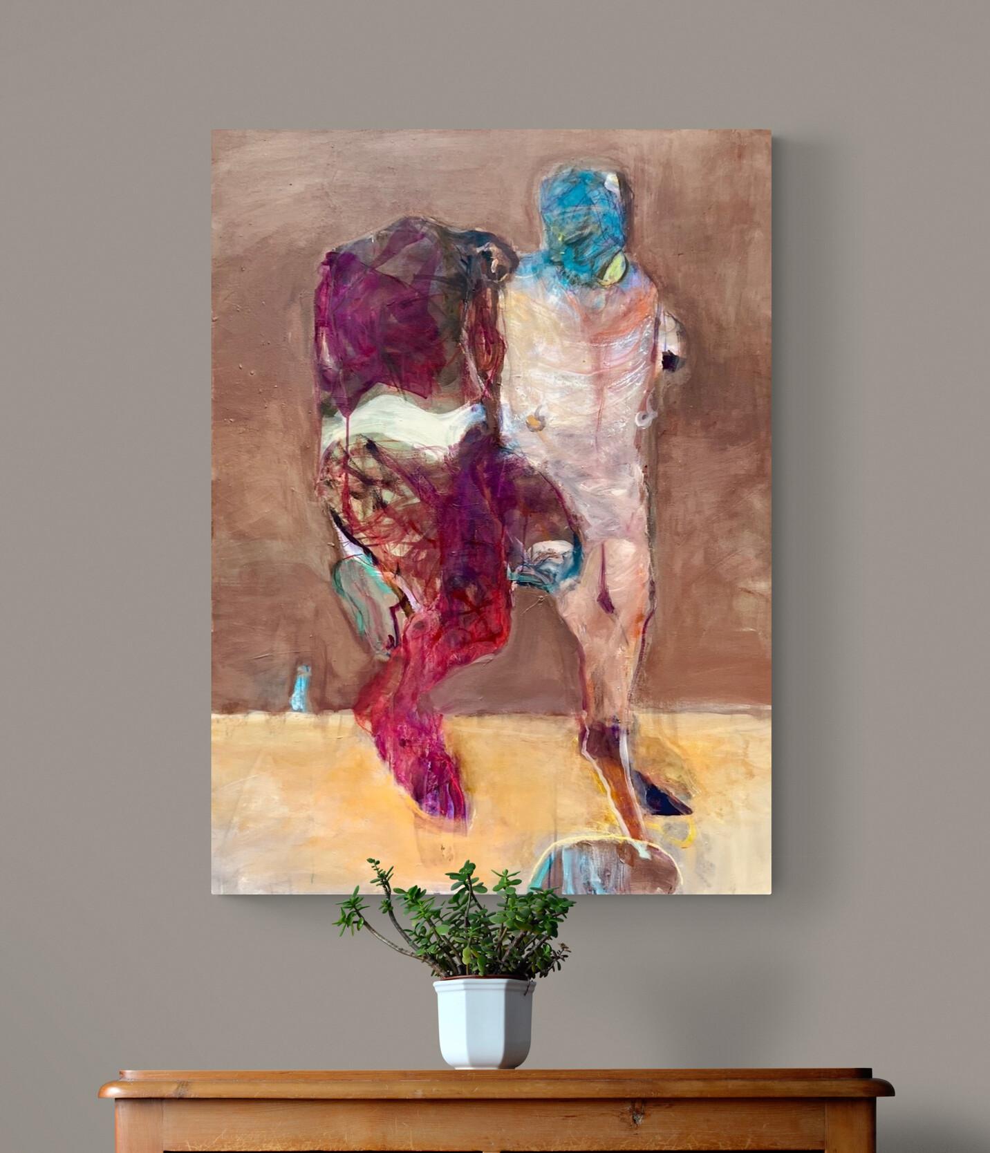 Beige & Yellow Expressive Abstracted Figurative Painting on Canvas For Sale 2