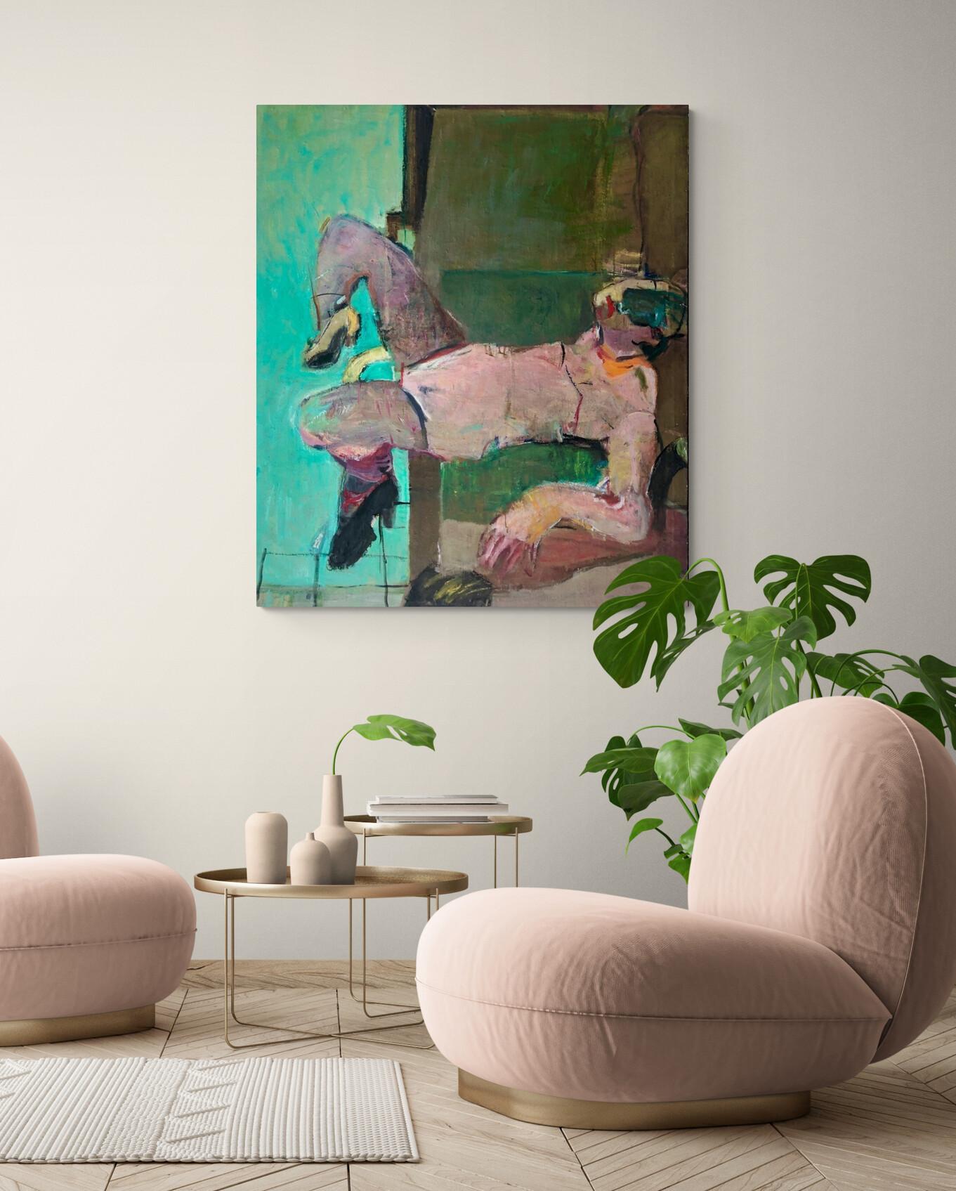 This complex, yet abstract artwork is a typical piece by Ilana Seati, exploring themes of the human condition, truth and fantasy. This bold composition on stretched canvas measures at 125 x 105 cm and is ready to hang. Framing on request.