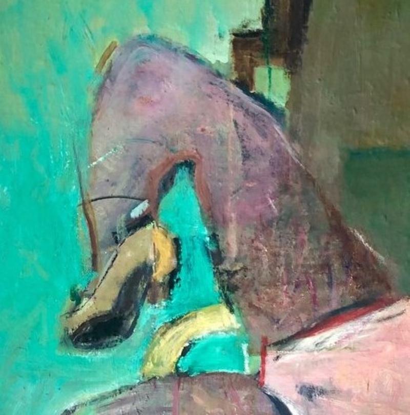 Peinture figurative abstraite expressionniste verte sur toile « Reclining ». en vente 1