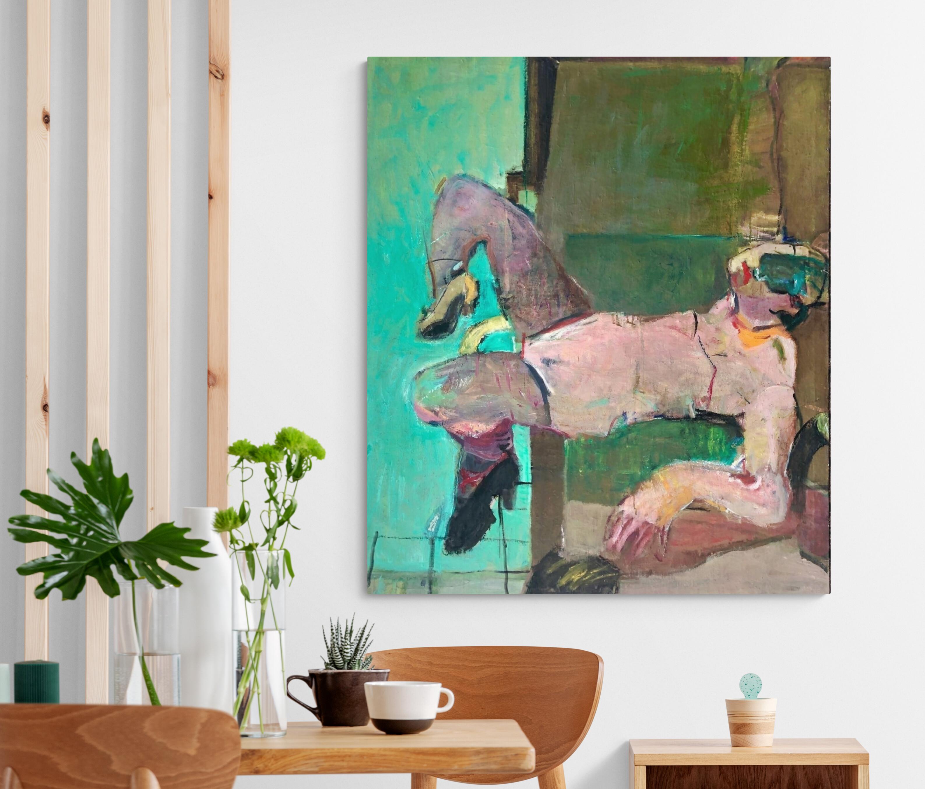 Grünes expressionistisches, abstraktes, figuratives Gemälde auf Leinwand „Reclining“. im Angebot 2