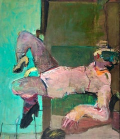Green Expressive Abstracted Figurative Painting on Canvas "Reclining".