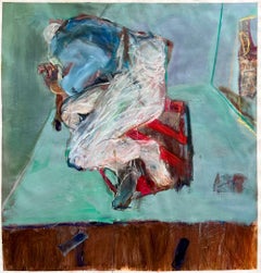 Hellblaues expressionistisches, abstraktes, figuratives Gemälde auf Fabriano-Papier