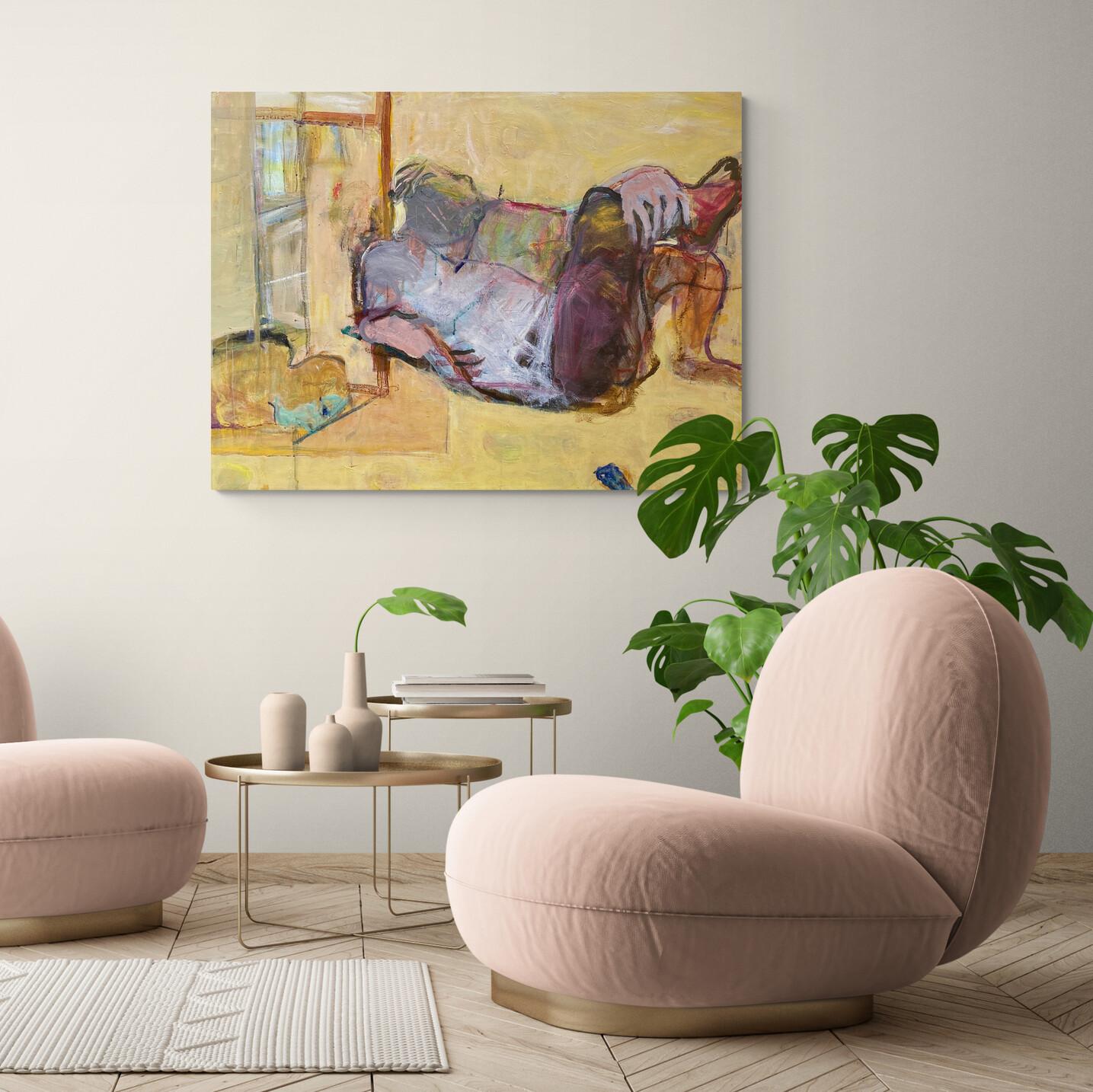Pastellgelbes expressionistisches, abstraktes, figuratives Gemälde auf Leinwand – Painting von Ilana Seati