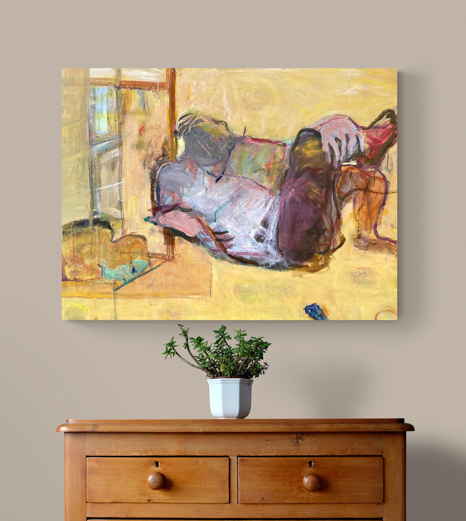 Peinture figurative abstraite jaune pastel sur toile en vente 2