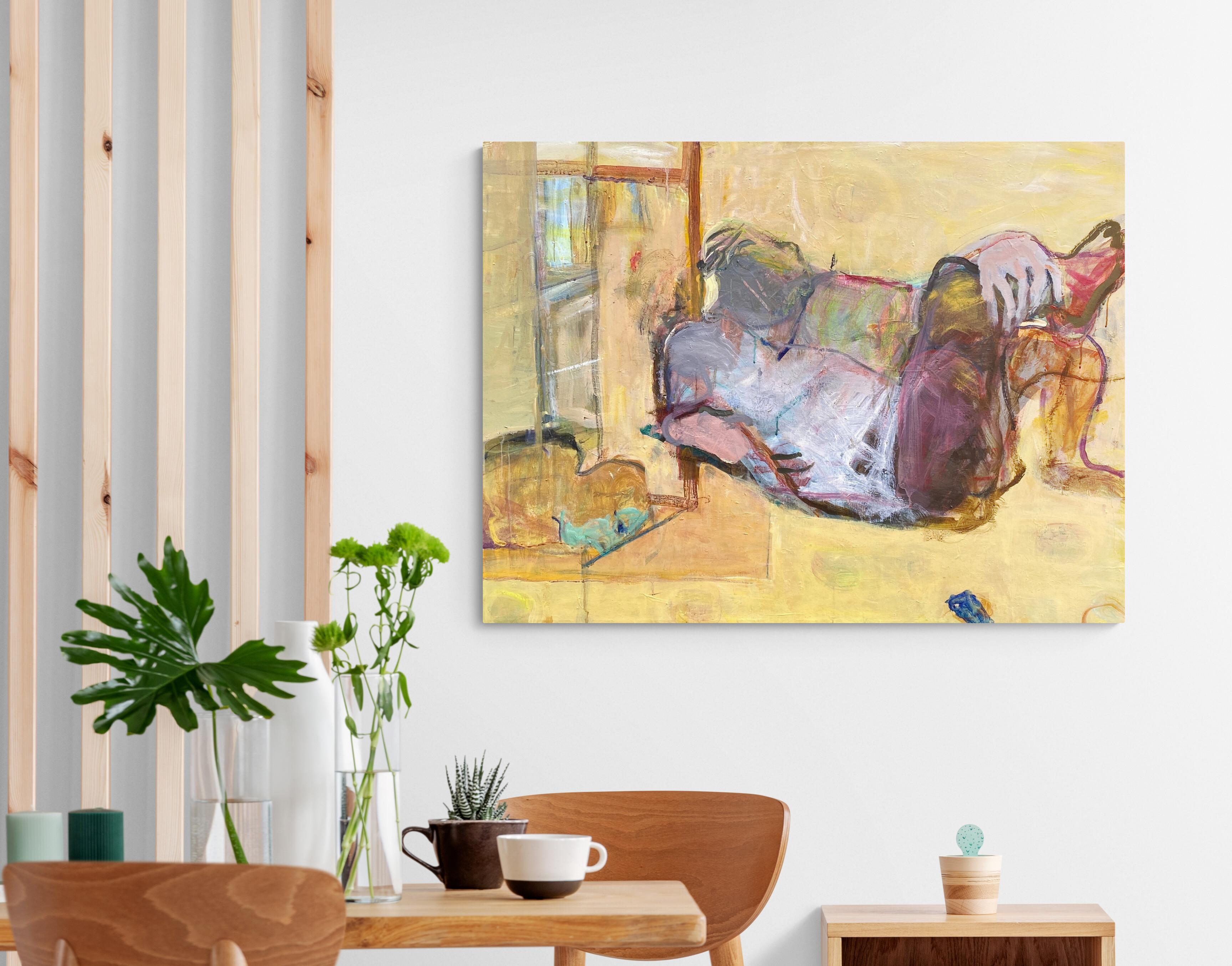 Peinture figurative abstraite jaune pastel sur toile en vente 3