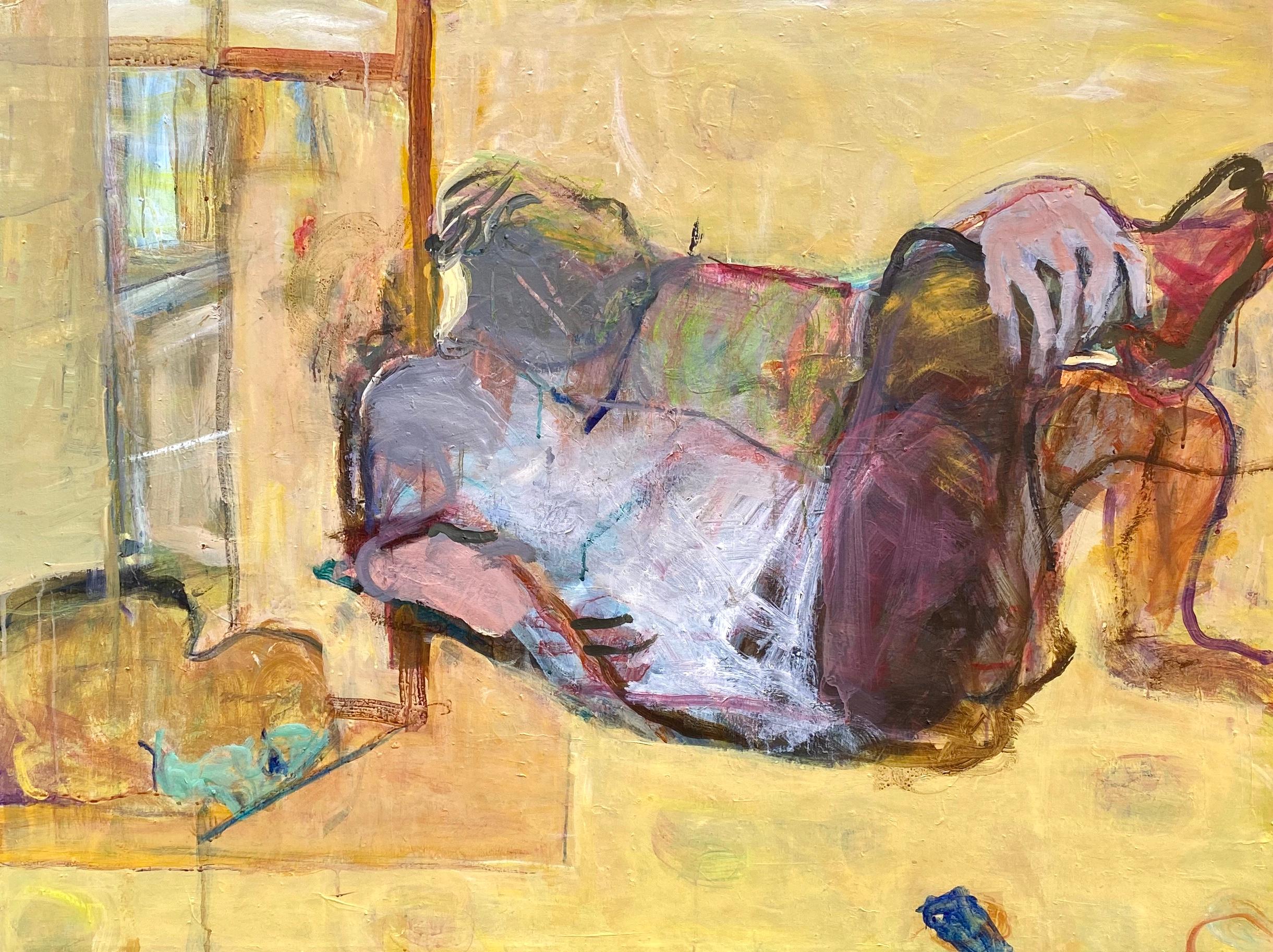 Figurative Painting Ilana Seati - Peinture figurative abstraite jaune pastel sur toile