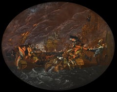 See Landscape Night Naval Battle Mercanti 17/18th Century Paint Oil on copper