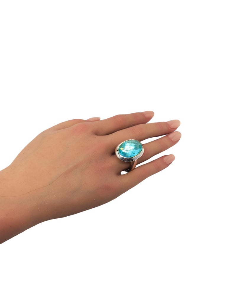 Ilario Sterling Silver Blue Faceted Oval Stone Ring Size 7.5