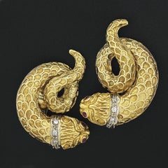 Ilas Lalaounis Greek 18k Gold Textured Lion Snake Swirl W/ Diamond Ruby Earrings