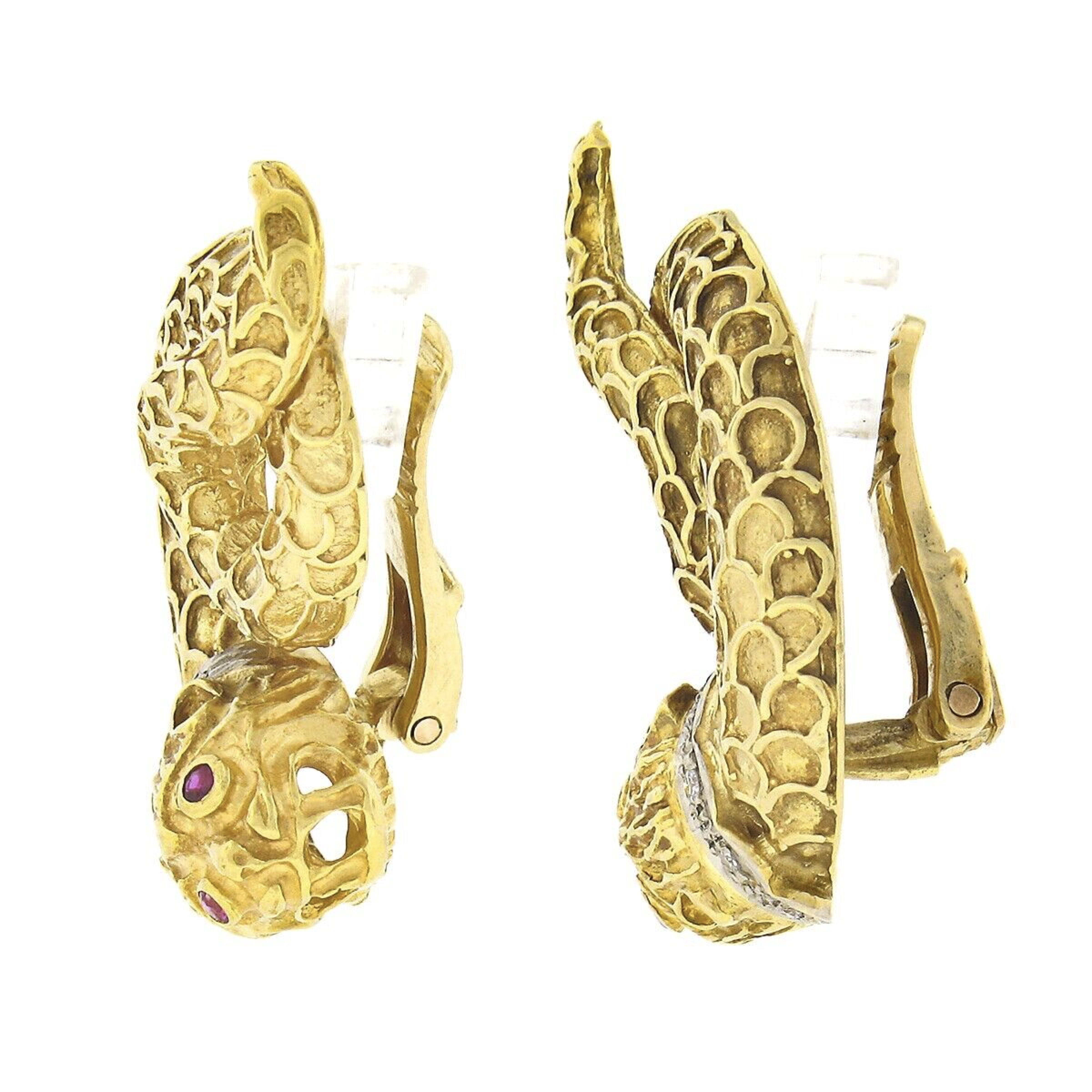 Ilas Lalaounis Greek 18k Gold Textured Lion Snake Swirl W/ Diamond Ruby Earrings In Good Condition In Montclair, NJ