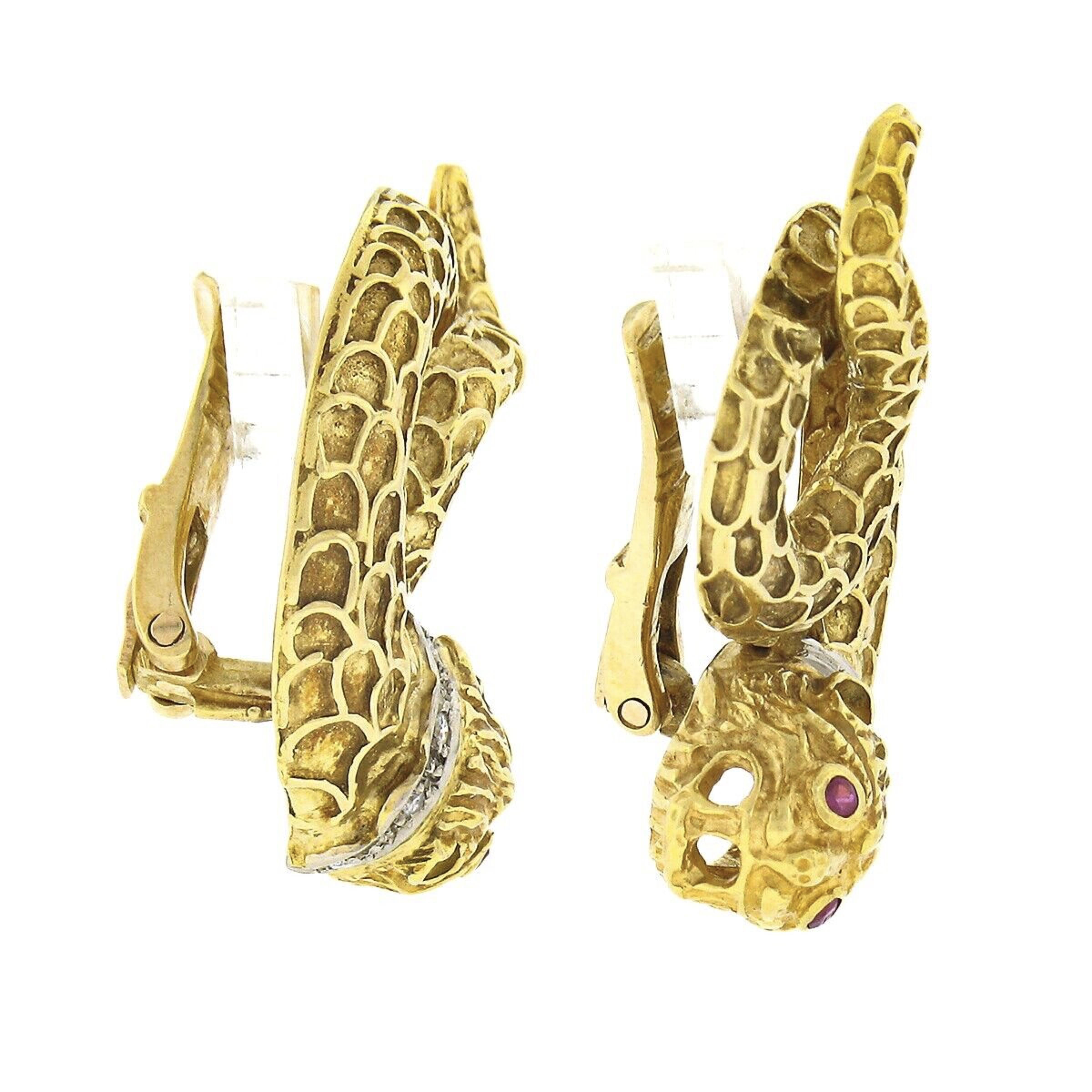 Women's Ilas Lalaounis Greek 18k Gold Textured Lion Snake Swirl W/ Diamond Ruby Earrings
