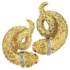 Ilas Lalaounis Greek 18k Gold Textured Lion Snake Swirl W/ Diamond Ruby Earrings