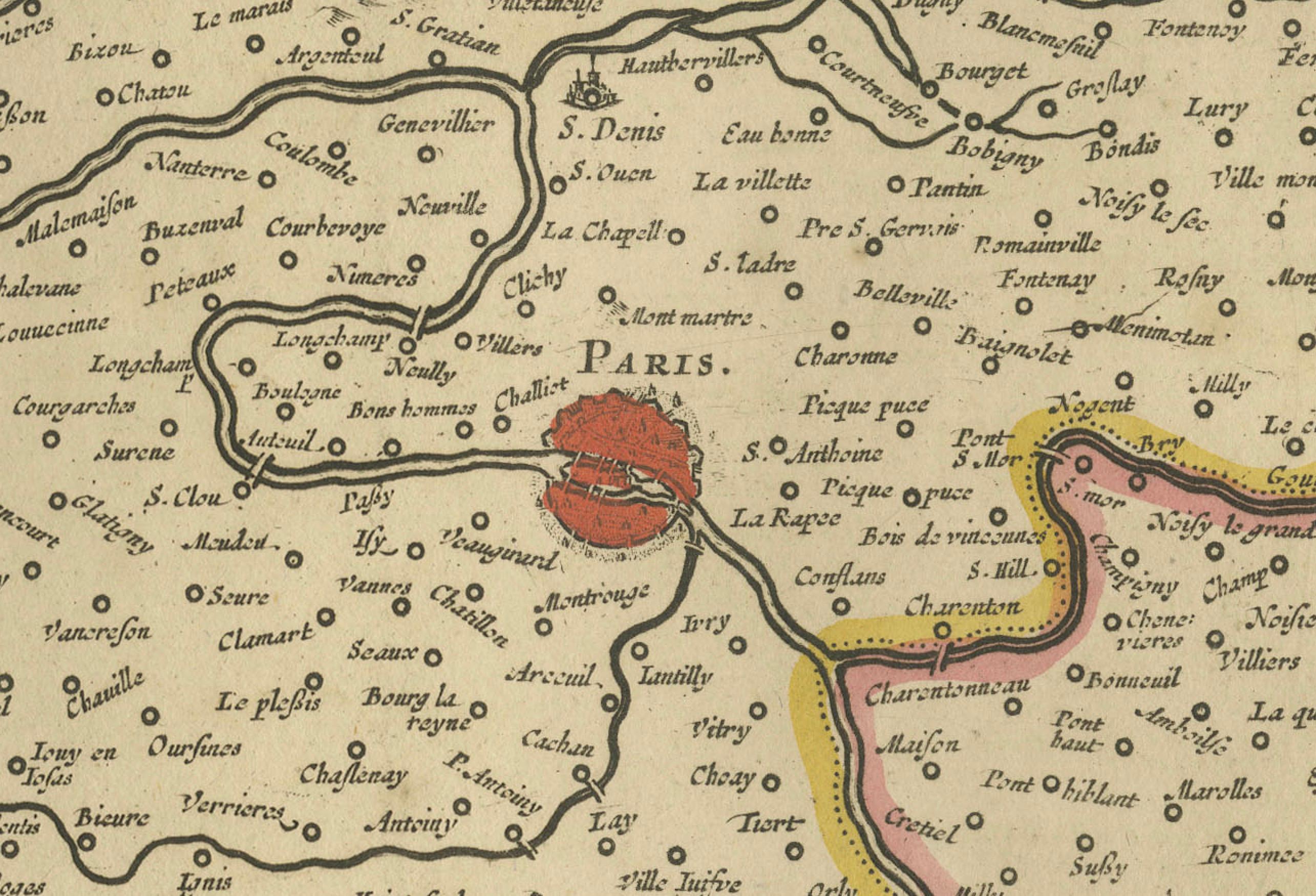 Titre : Carte de l'Île-de-France du XVIIe siècle coloriée à la main par Frederik De Wit c. 1688

Description : Cette carte saisissante, 
