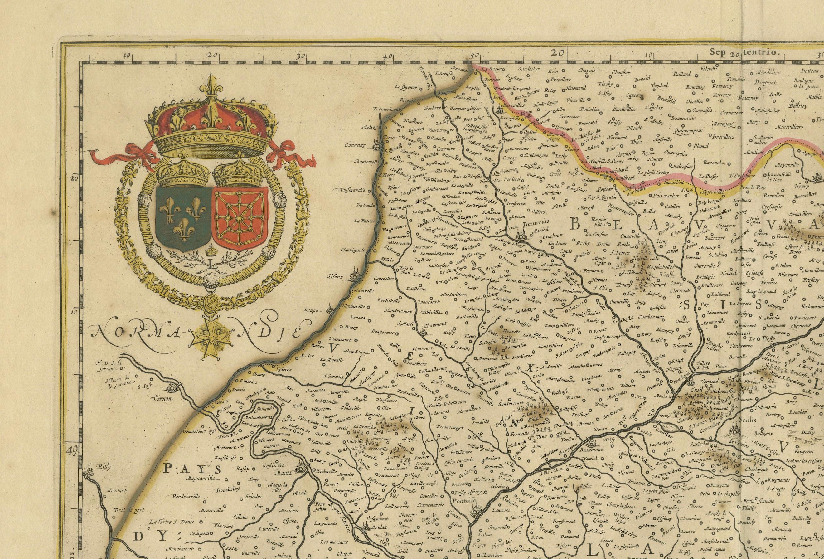 Carte de l'Île-de-France, y compris Paris - Gravure à la main de F. De Wit c. 1688 Bon état - En vente à Langweer, NL
