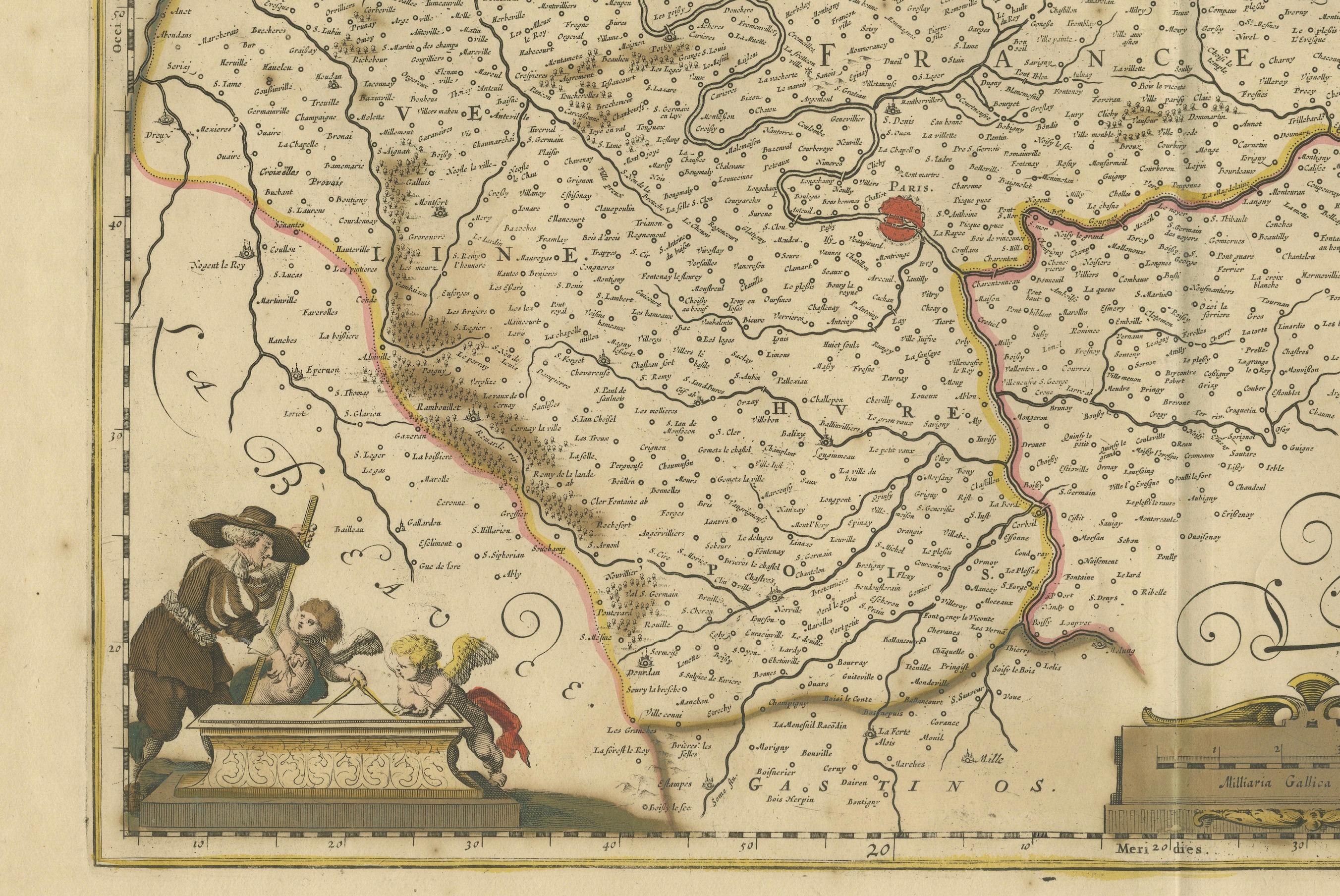 Fin du XVIIe siècle Carte de l'Île-de-France, y compris Paris - Gravure à la main de F. De Wit c. 1688 en vente