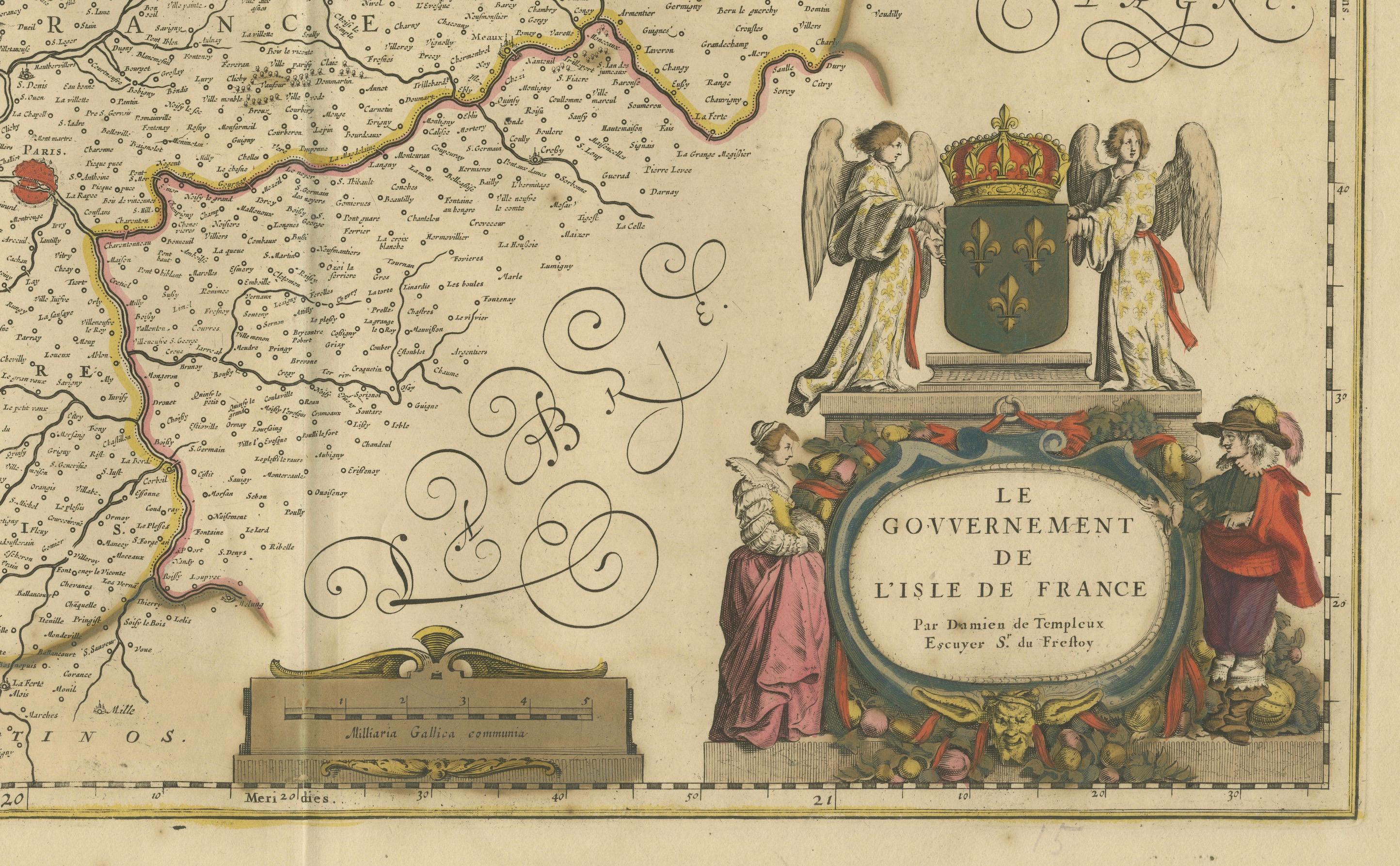 Papier Carte de l'Île-de-France, y compris Paris - Gravure à la main de F. De Wit c. 1688 en vente