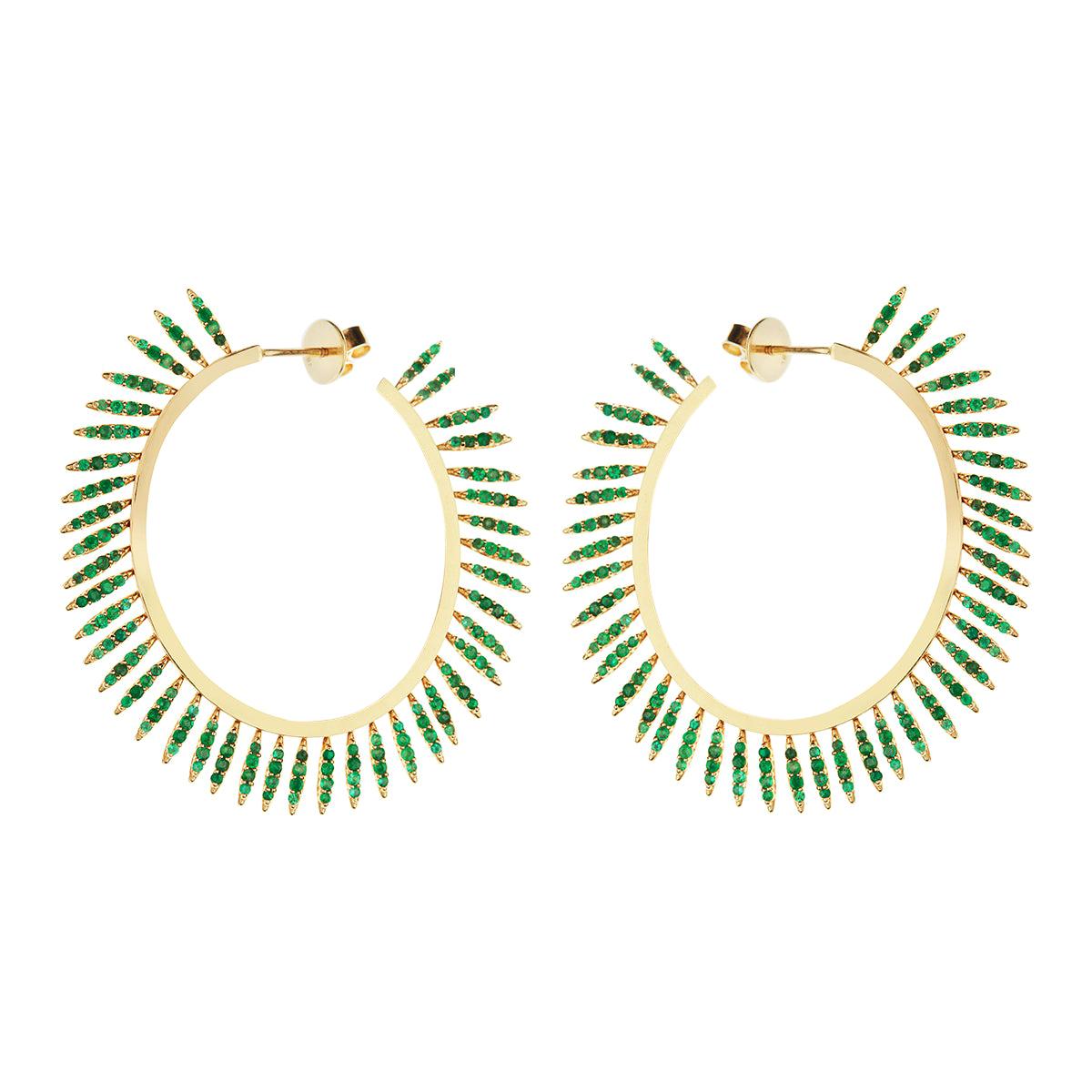 18 Karat Gold and Emerald Grass Fringe Hoops Y-LCHD For Sale