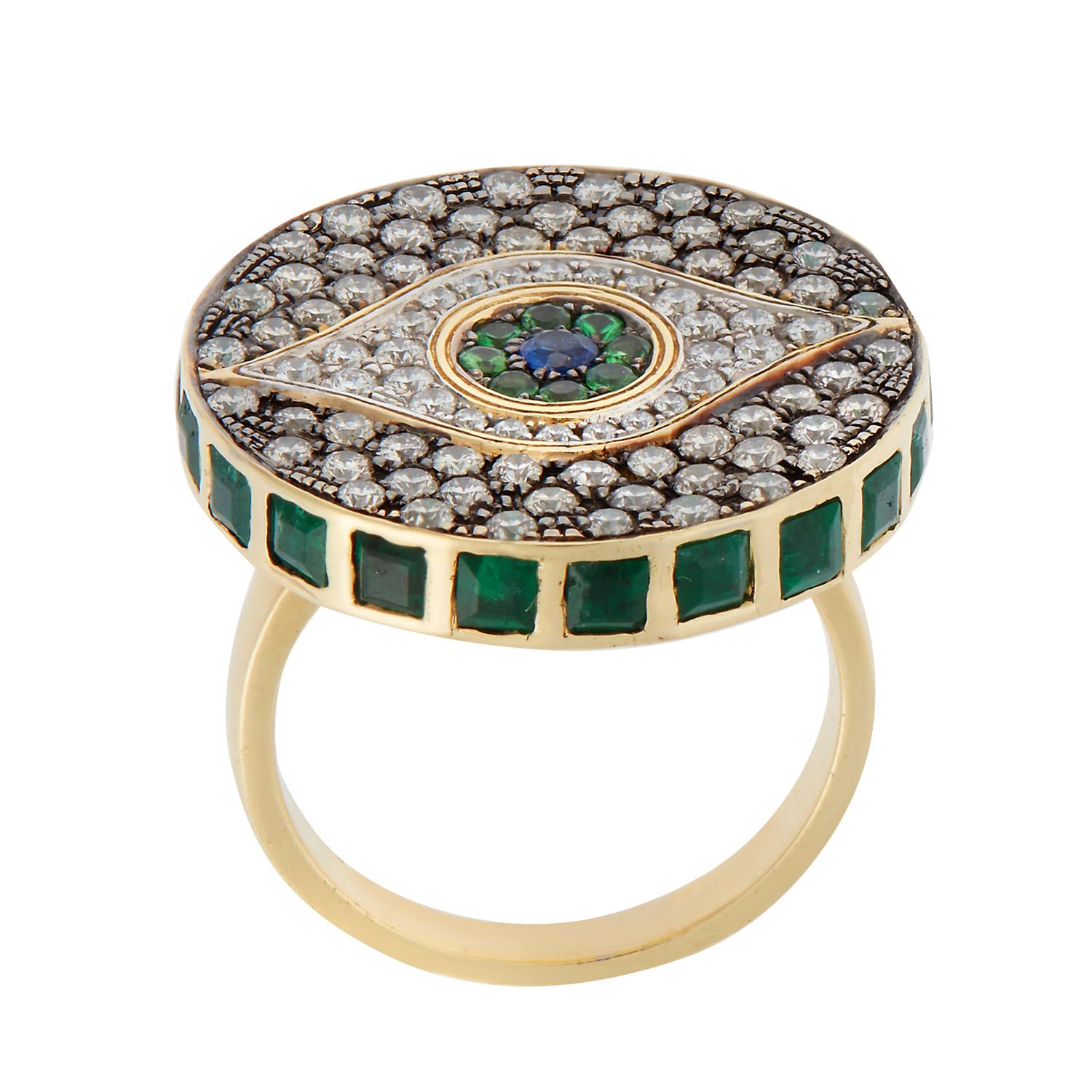 Women's Ileana Makri, 18 Karat Gold Diamond and Emerald Dawn Candy Ring For Sale
