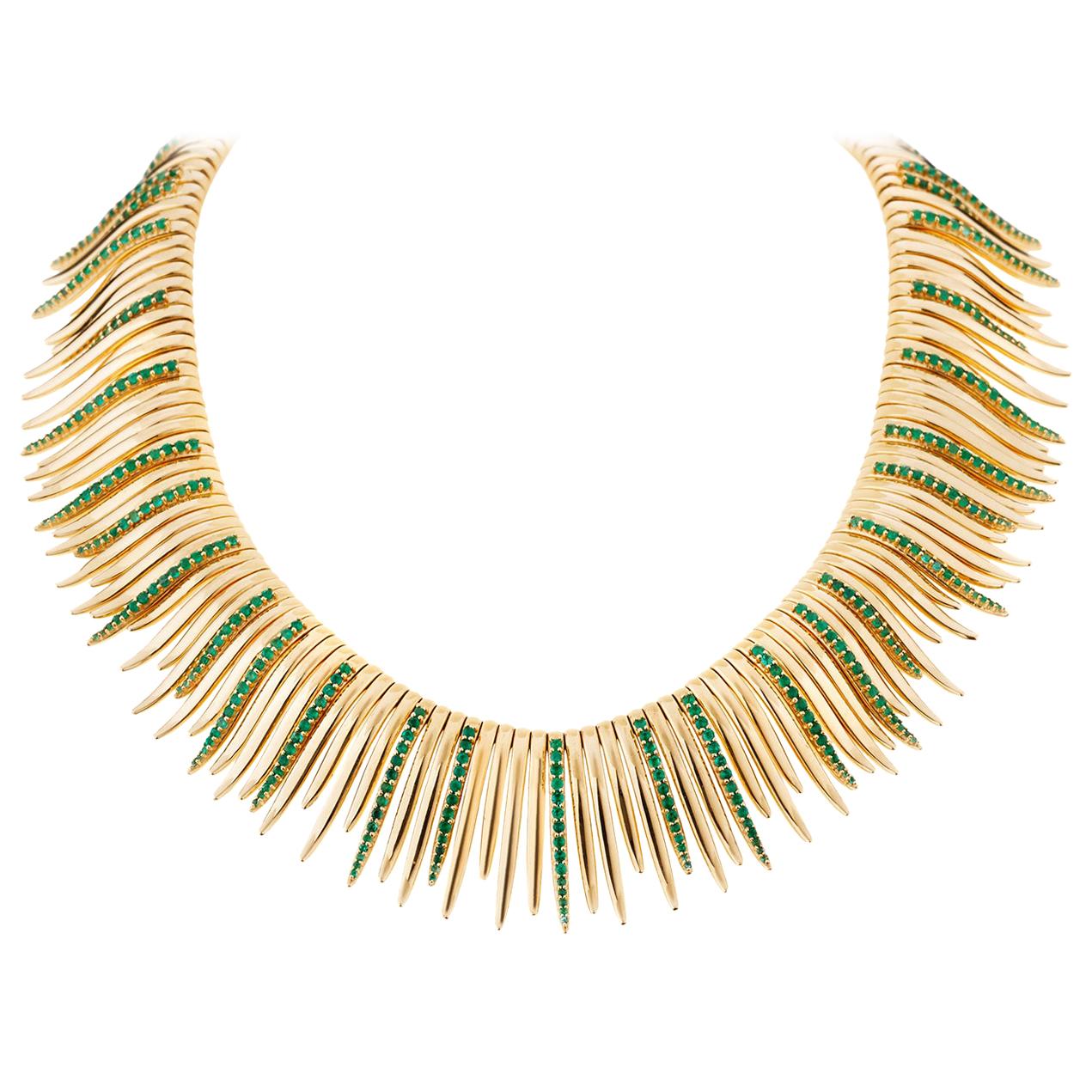 18 Karat Gold and Emerald Grass Leaves Necklace For Sale
